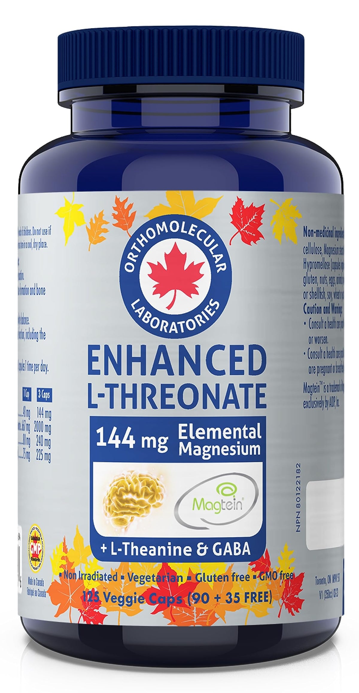 Orthomolecular Laboratories - Enhanced Magtein Magnesium L-Threonate 144mg + L-Theanine & Gaba, 125 Veggie Capsules 41-Day Supply - Promote Relaxation, Electrolyte Balance and Maintain Muscle Function