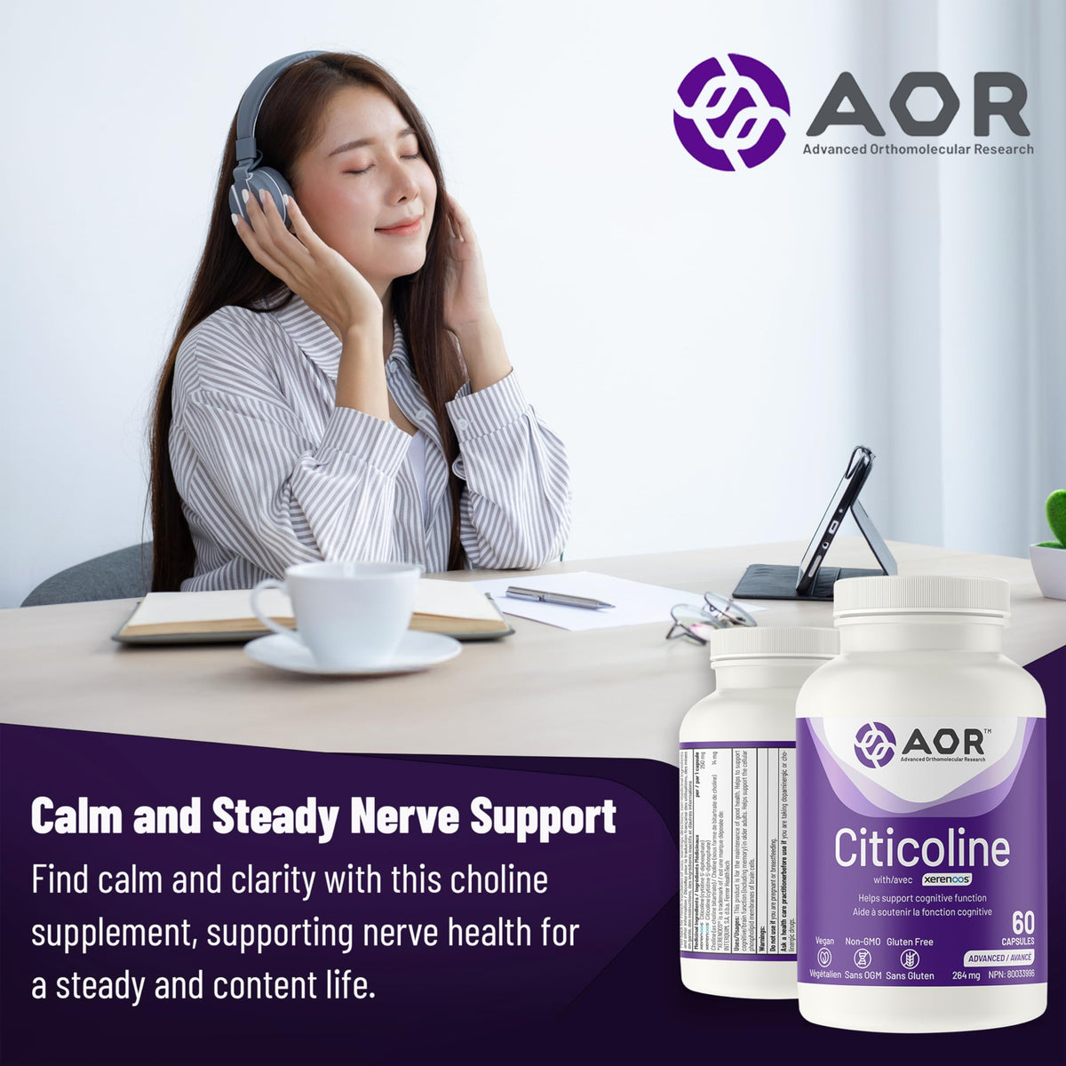 AOR Xerenoos Citicoline Supplement, 250 mg, 60 Capsules, 30-Day Supply