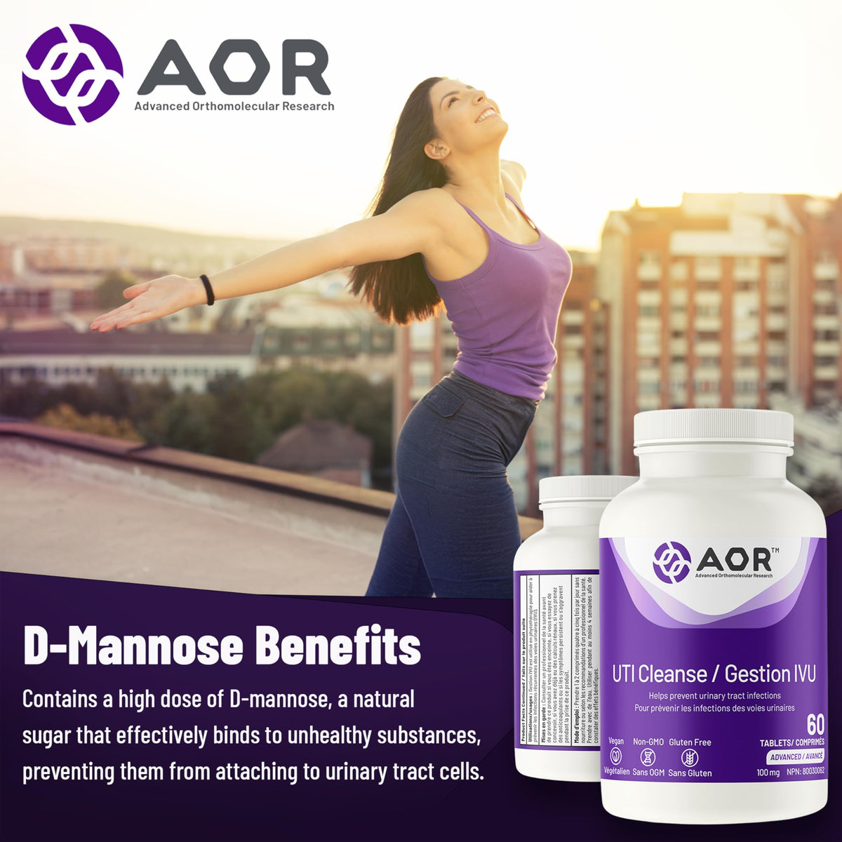 AOR UTI Cleanse Tablets, D Mannose 1000 mg, Cranberry Juice, 60 Tablets