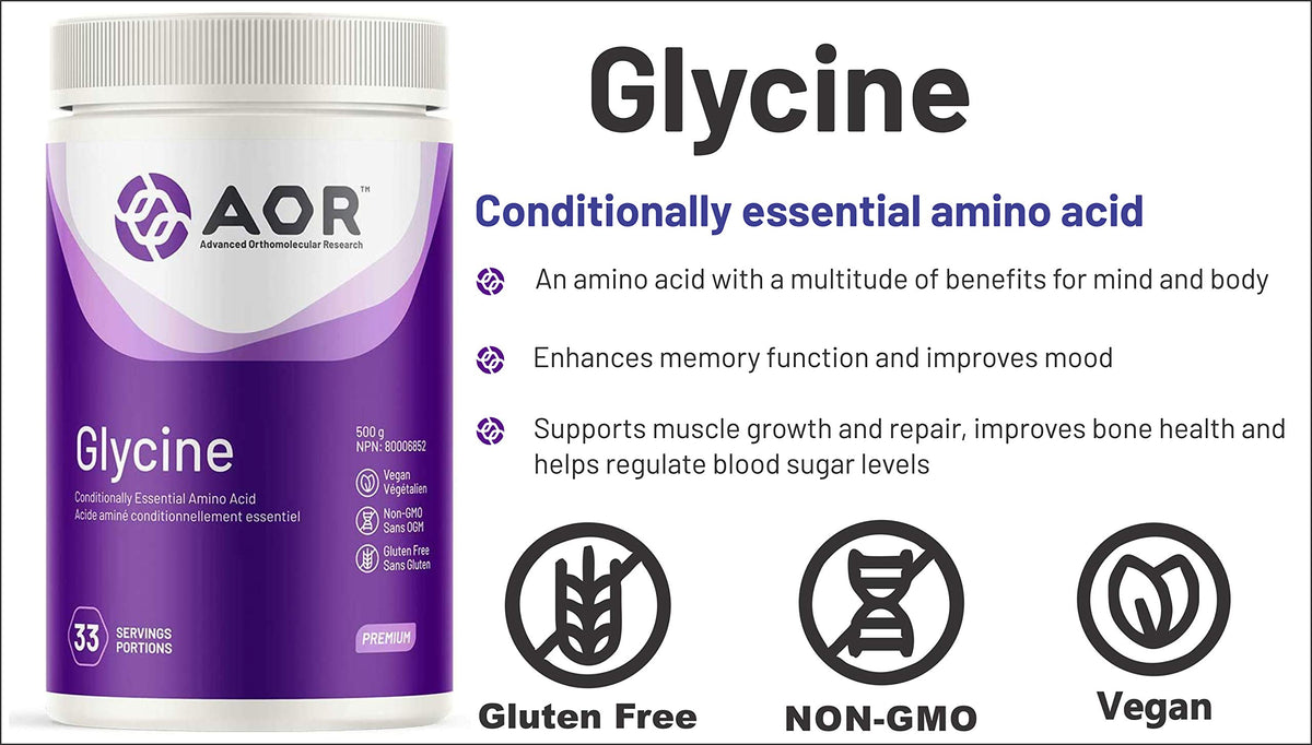 AOR Glycine Powder Supplement, Powdered Glycine, Vegan, 500g, 33 Servings