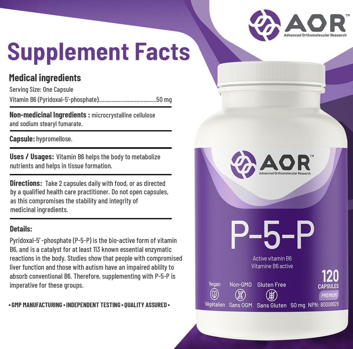 AOR P5P Vitamin B6 Supplement, Bioactive P5P, 50mg, 120 Caps, 60-Day Supply