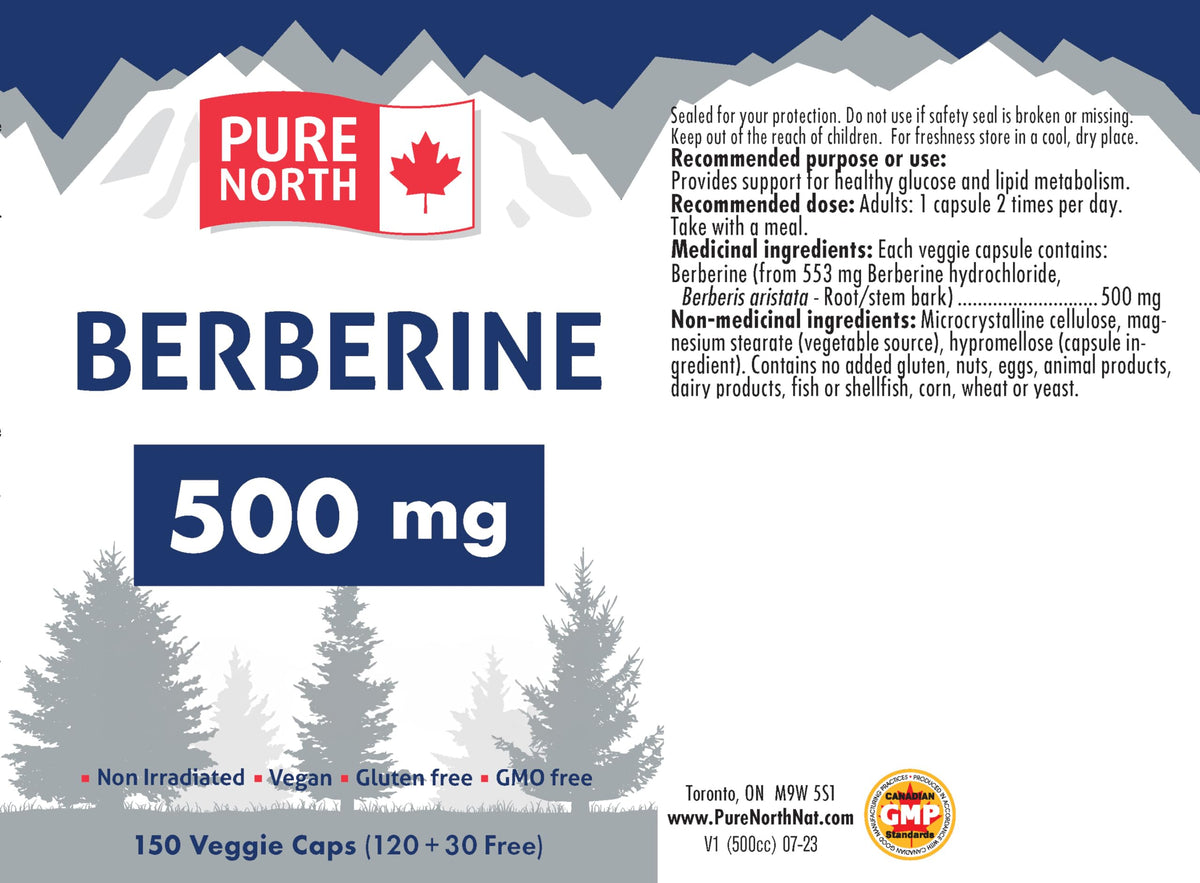 PURE Berberine 500mg 150 vcaps, 75-Day Supply - Supports Blood Sugar Metabolism + Cardiovascular Health - Formulated and made in Canada by PURE NORTH NATURALS