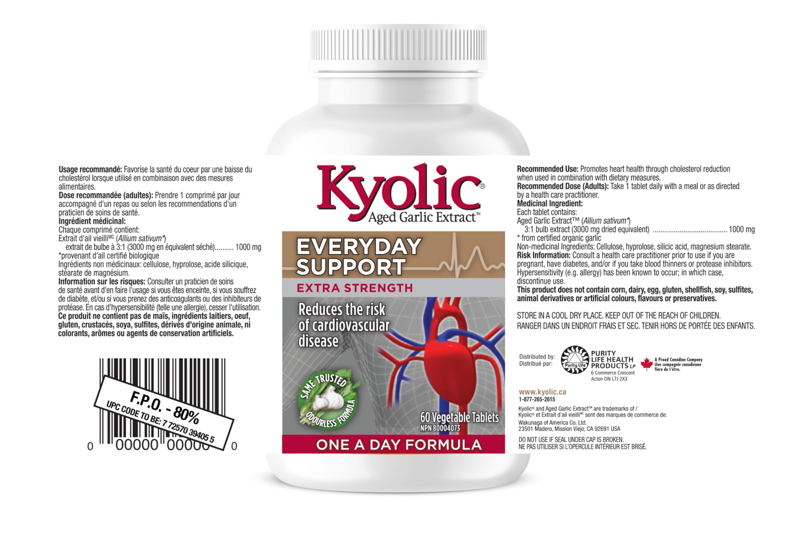 Extrait d'ail vieilli inodore Kyolic - Force optimale 1000 mg - Supplément cardiovasculaire - Santé cardiovasculaire Kyolic - Supplément à base d'extrait d'ail