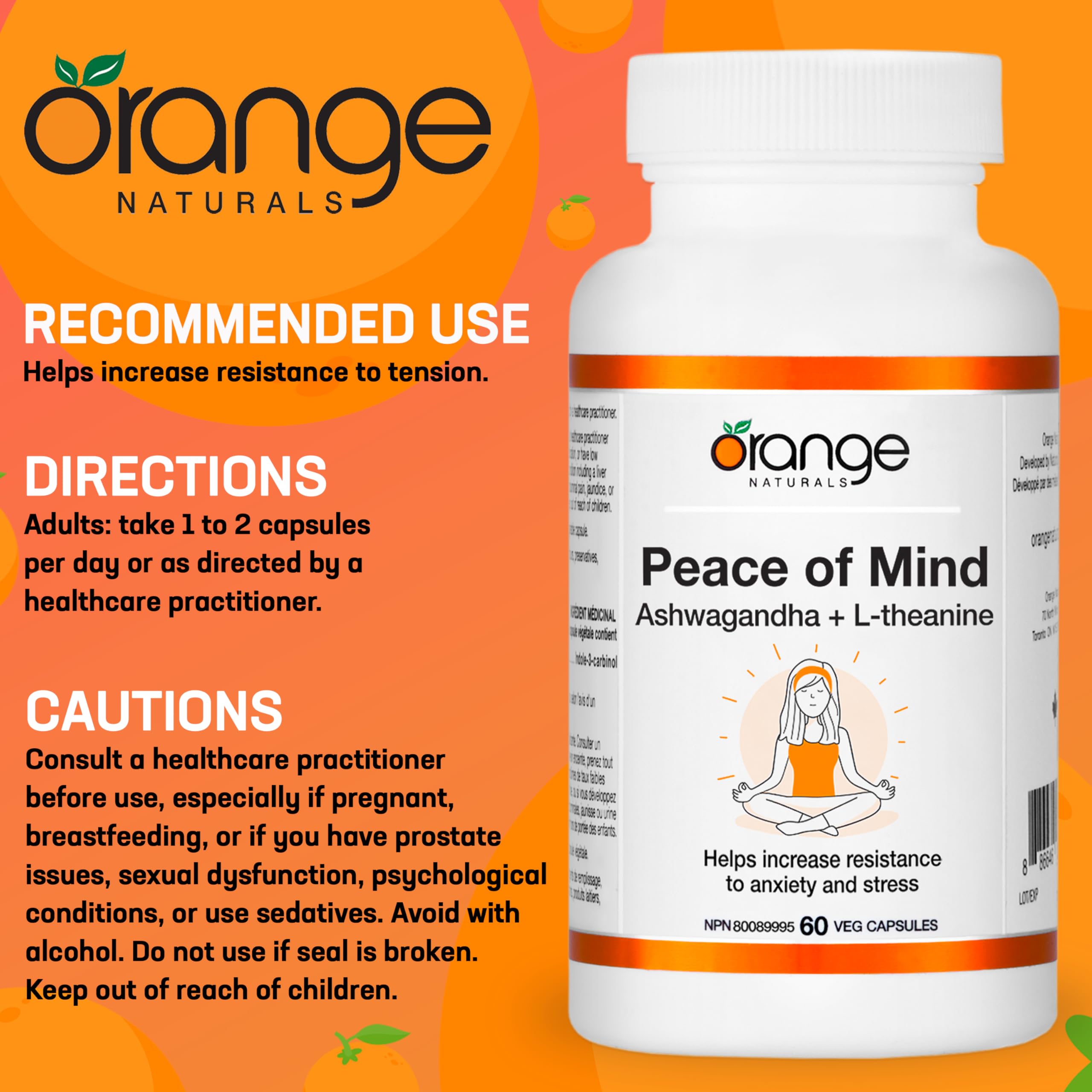 Orange Naturals - Tranquillité d'esprit, Ashwagandha KSM-66 et L-théanine, 60 gélules pour 30 jours - Ashwagandha haute concentration 300 mg et L-théanine 100 mg pour la relaxation et la concentration - Végan et sans OGM