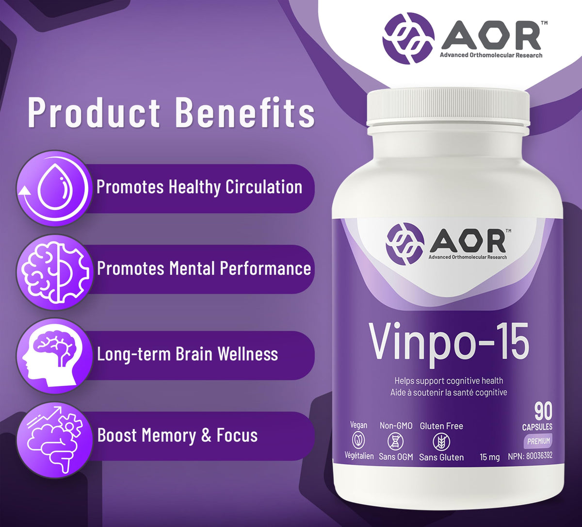 AOR Vinpo-15 Brain & Focus Supplement, Gluten Free, 15 mg, 90 Capsules