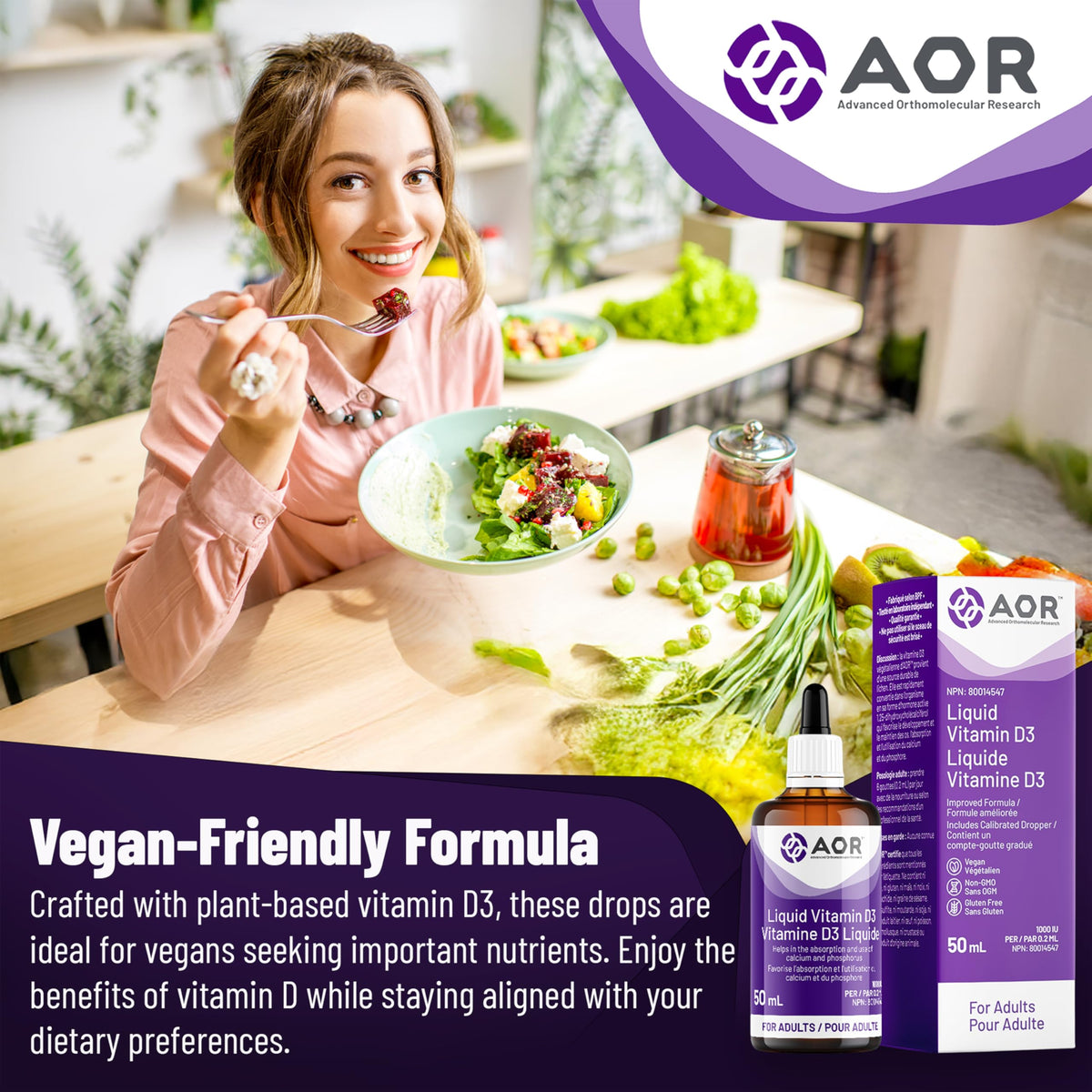 AOR Liquid Vitamin D Drops, Vitamin D3, Vegan, 1000 IU, 50 ml, 250 Servings