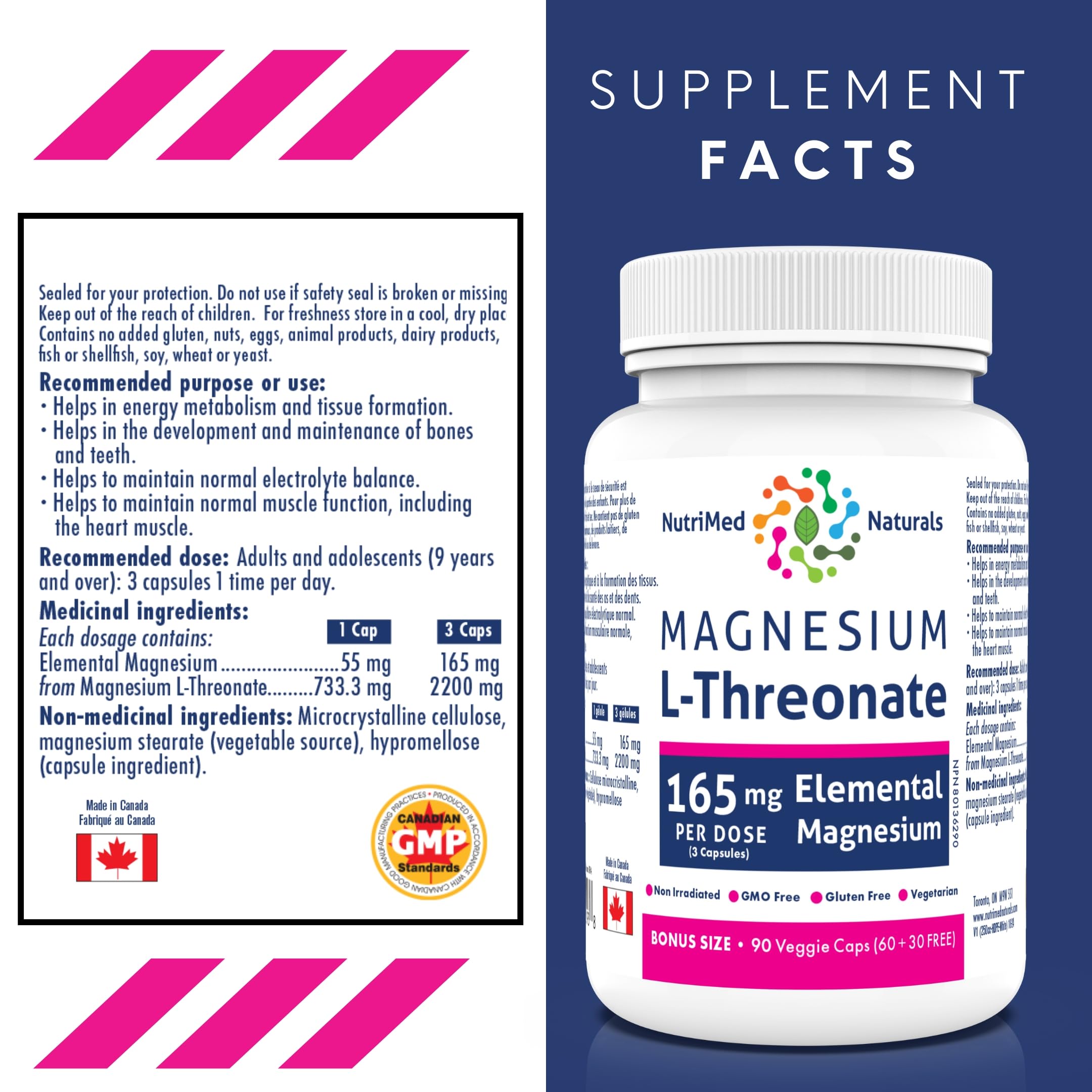 Nutrimed Naturals - Supplément de Magnésium L-Thréonate Élémentaire 165mg 90 Gélules Pour 30 Jours - Améliore la Concentration, la Mémoire et la Santé Cérébrale Optimale - Testé par un Tiers - Formulé et Fabriqué au Canada