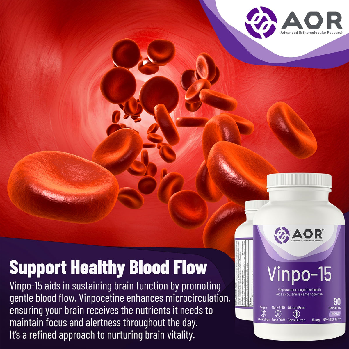 AOR Vinpo-15 Brain & Focus Supplement, Gluten Free, 15 mg, 90 Capsules