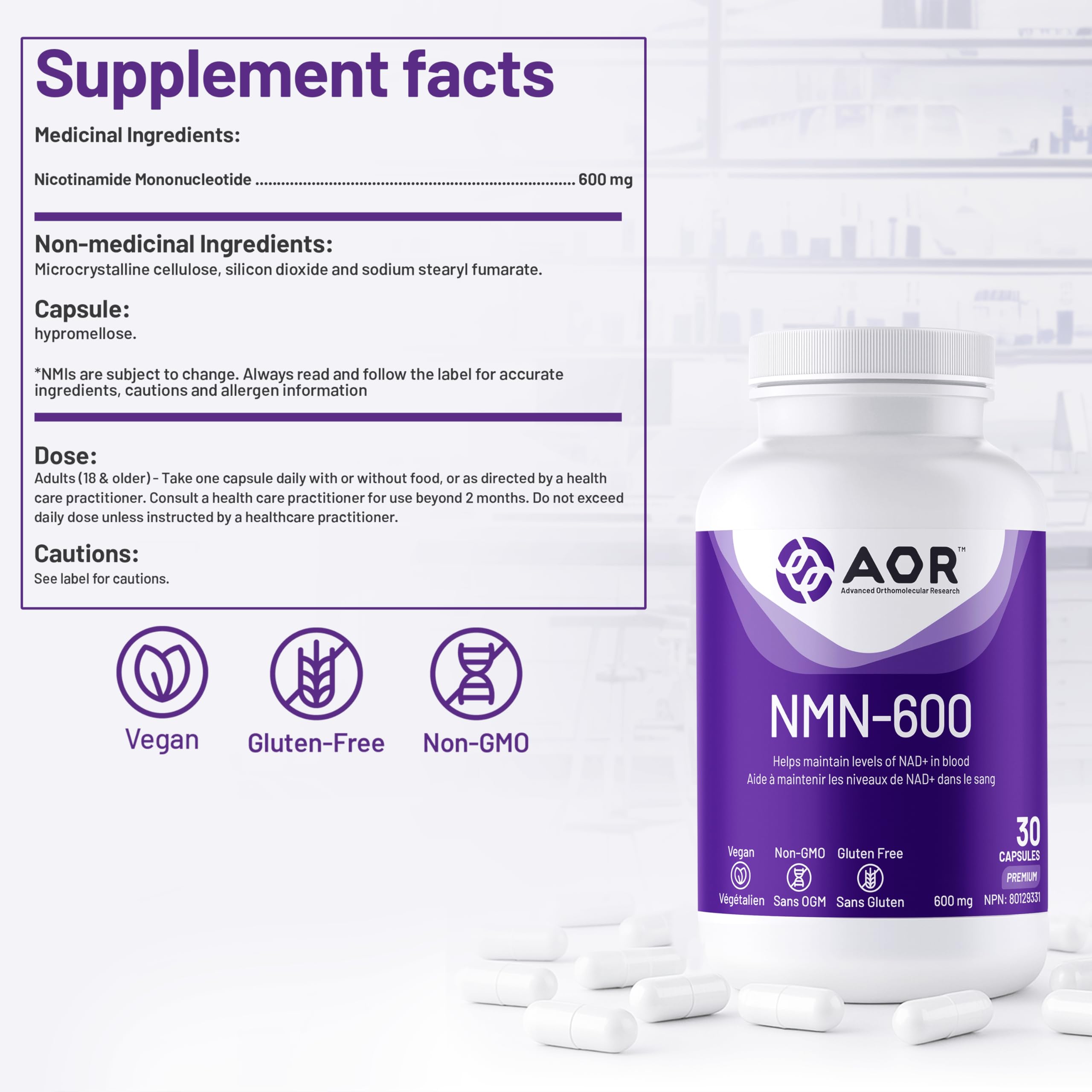 AOR NMN-600mg, 30 gélules végétaliennes - Sans OGM, sans gluten, mononucléotide de nicotinamide à haute puissance - Soutient la santé cellulaire et la production d'énergie - Supplément de NMN au Canada