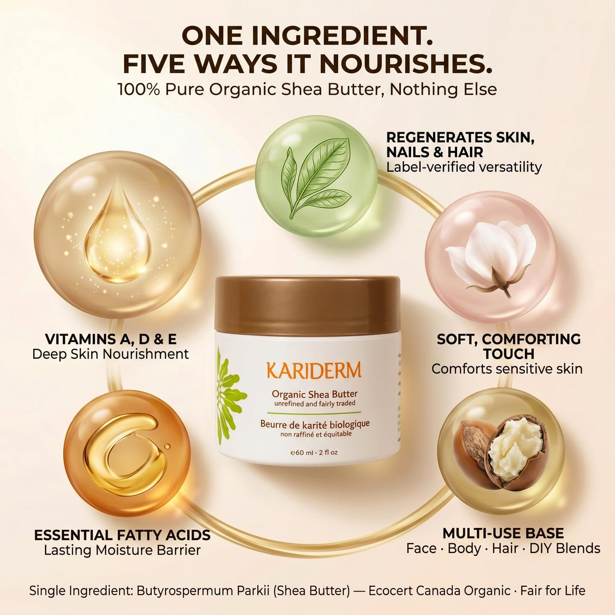 KARIDERM Organic Shea Butter 60ml Jar – Raw Unrefined Fair Trade Moisturizer for Radiant Skin & Hair – Rich in Nutrients & Vitamins – Canadian Made