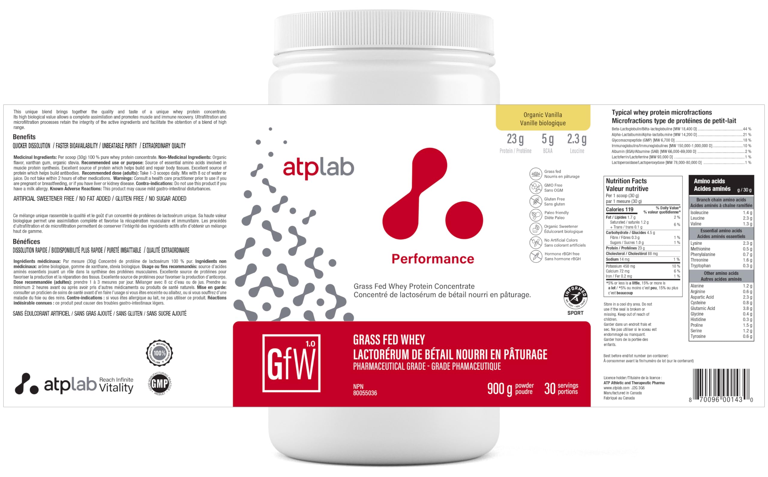 ATP LAB Concentré de Protéines de Lactosérum Nourri à l'Herbe 900g.