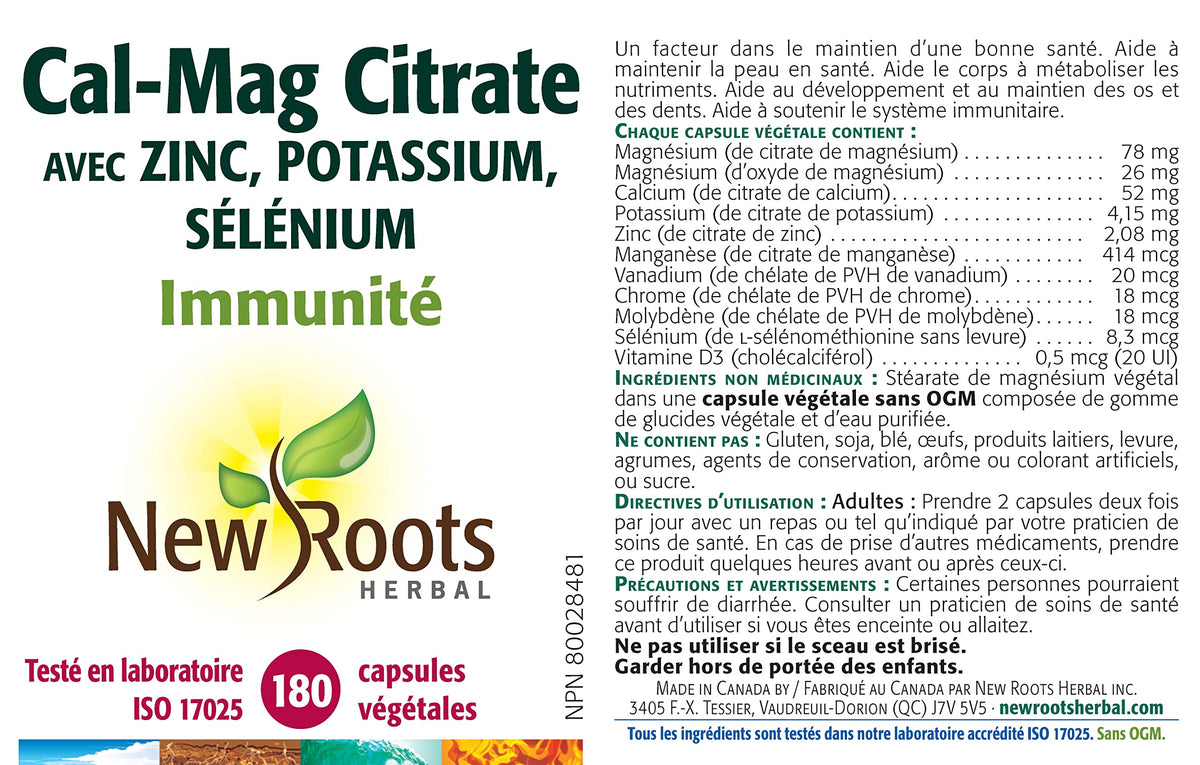 New Roots Herbal Cal-Mag Citrate, Calcium Magnesium, 180 Caps, 45 Days