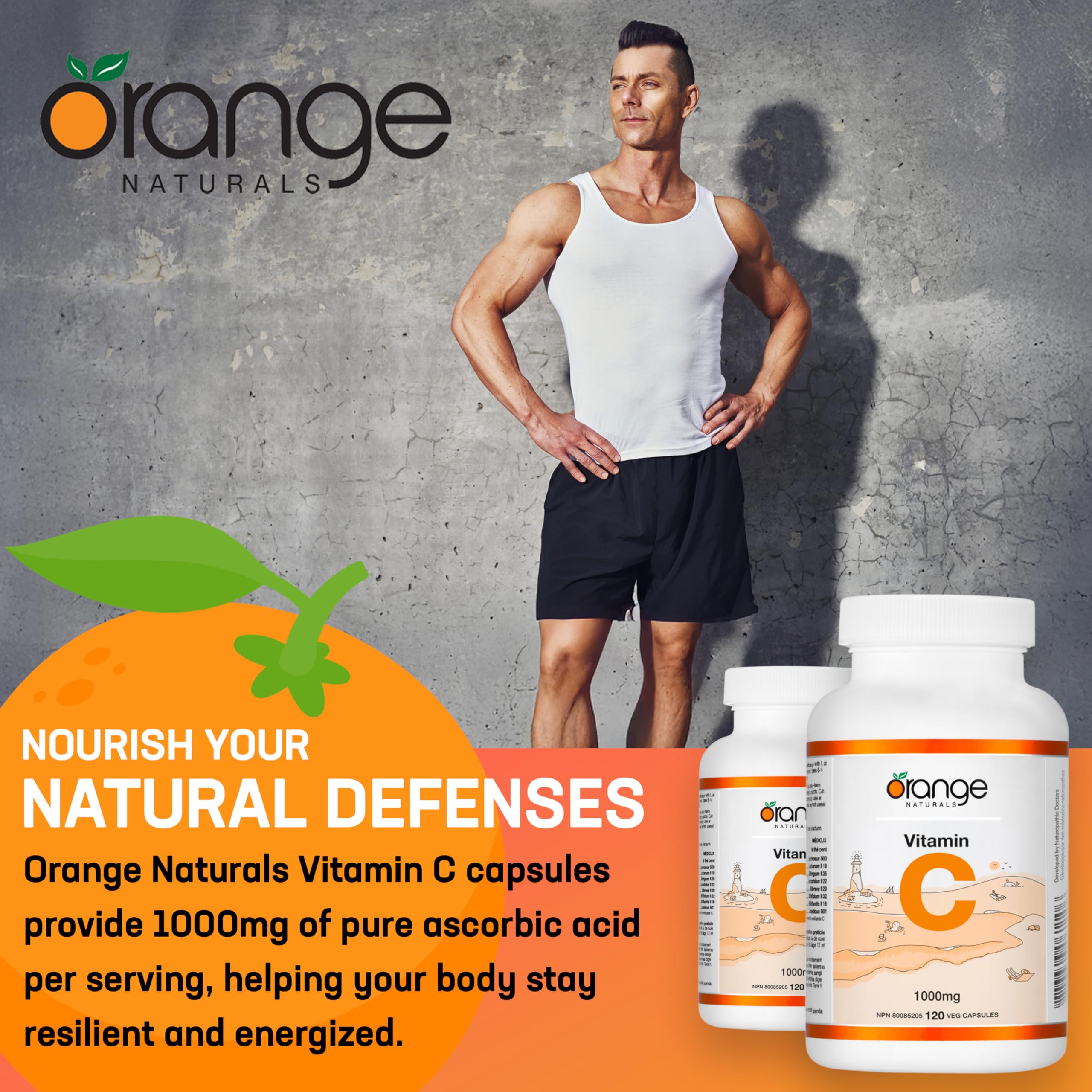 Orange Naturals Vitamin C 1000mg 120 V-Caps, 4 Month Supply, Pure Ascorbic Acid Supplement, Vegan, Daily Convenient, Promotes Wellness, Antioxidant Support, Collagen Formation, Healthy Bones & Teeth