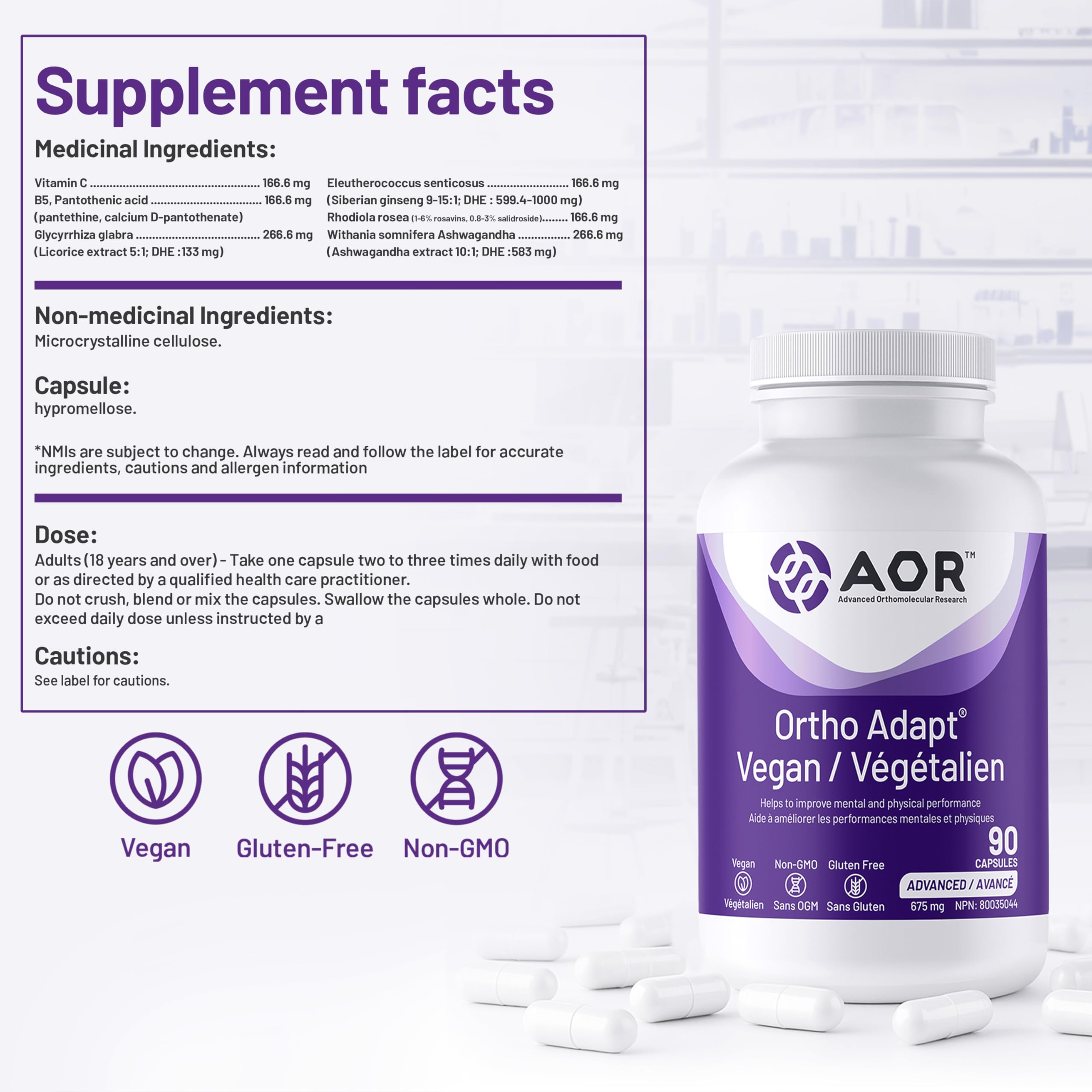 AOR Ortho Adapt Vegan 675mg, 90 gélules (45 jours) - Soutient l'énergie, contient de l'ashwagandha, de la rhodiola rosea, du ginseng sibérien et de la vitamine C - Adaptogènes pour améliorer les performances physiques et mentales