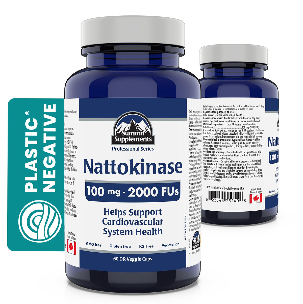 Nattokinase 100mg 2000 FU, 60 DR Vegetarian Capsules, 60-Day Supply - Supports Cardiovascular & Heart Health, Non-GMO, Gluten-Free - Promotes Circulation & Vitality, Proudly Canadian, Plastic Negative