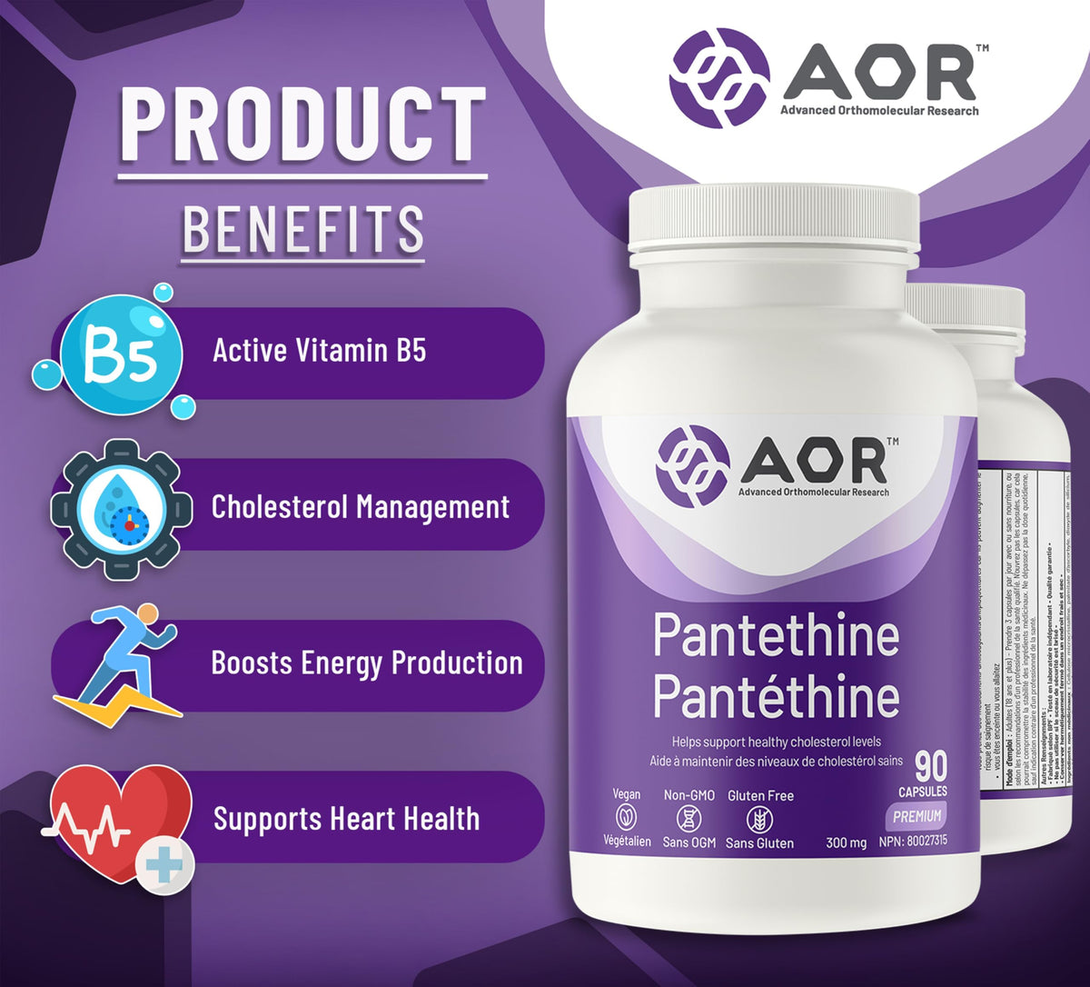 AOR Pantethine Capsules, 300 mg, Vegan, Supports Good Health, 90 Pack