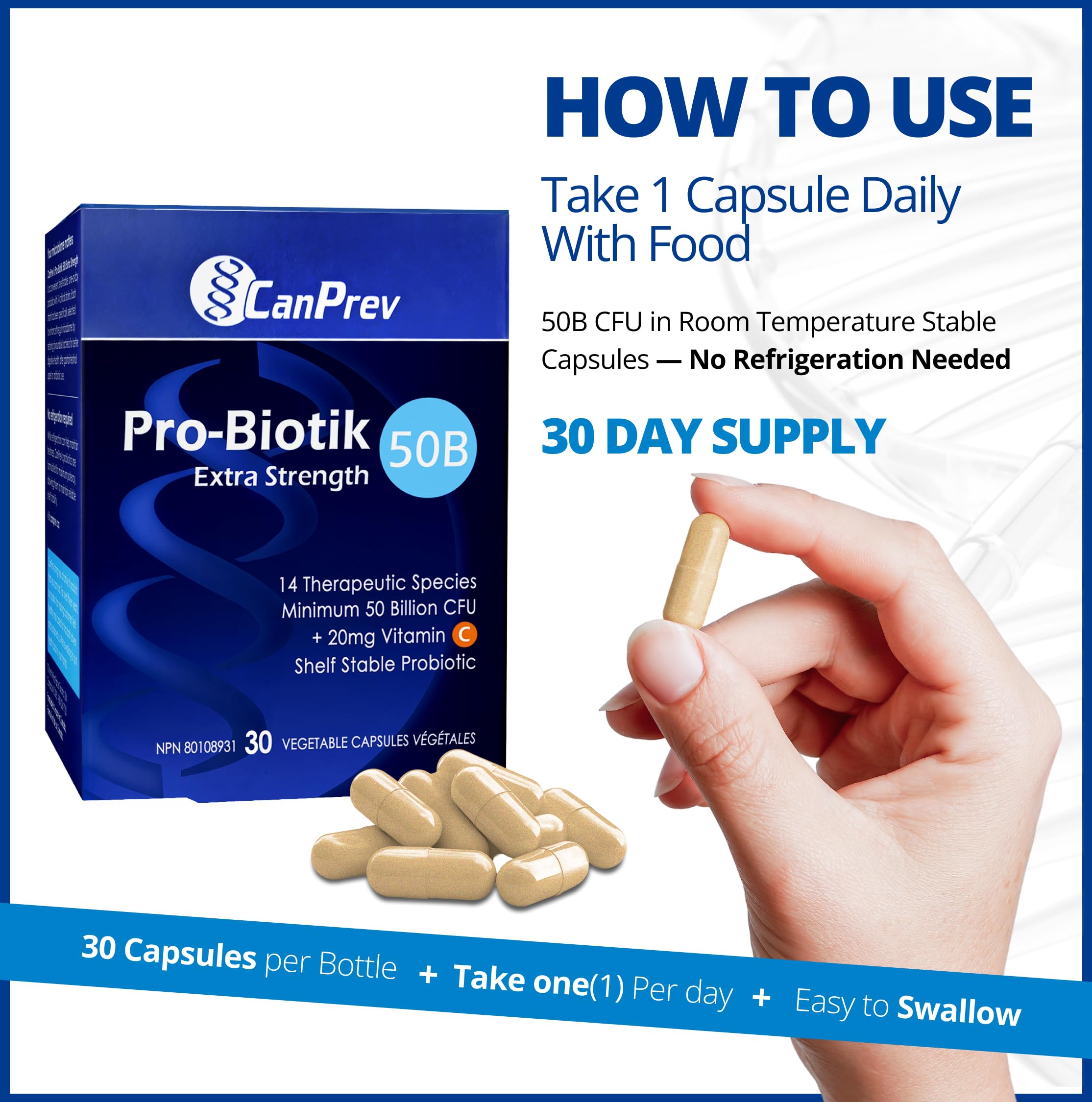 CanPrev - Pro-Biotik 50B Extra Strength - Helps to Support Immune Function and Promote a Favorable Gut Flora - Helps Support Intestinal Gastrointestinal Health