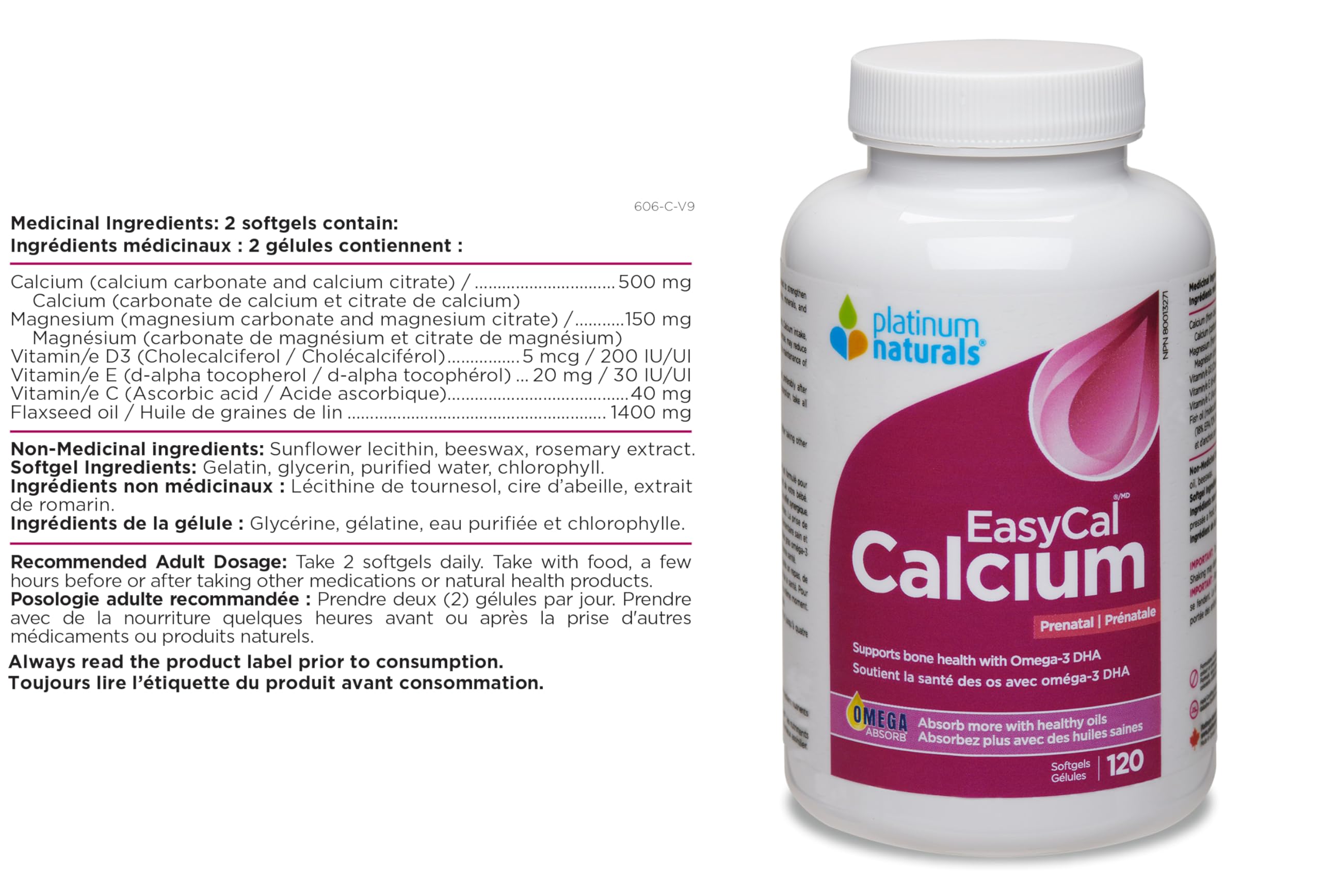 Platinum Naturals EasyCal Calcium Prénatal 120 gélules, supplément de calcium prénatal essentiel avec Oméga 3 DHA pour femmes enceintes, soutient la santé des os et des dents, soutient le développement fœtal, oculaire et cérébral