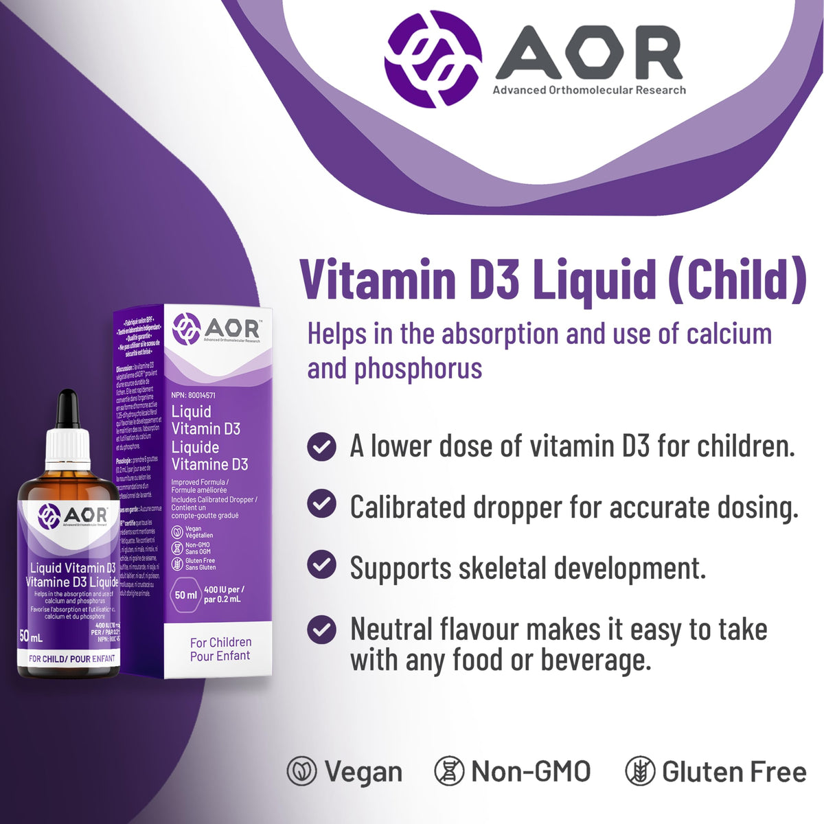 AOR Kids Vitamin D3 Drops, Unflavoured, Vegan, 400 IU, 50 ml, 250 Servings