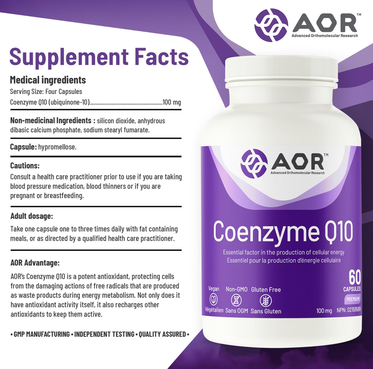 AOR CoQ10 Supplement, Coenzyme Q10, 100 mg, 60 Capsules
