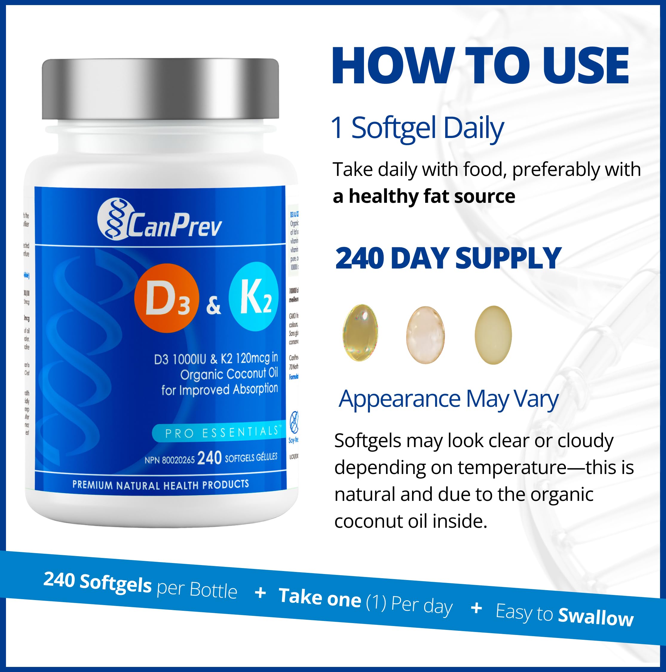 CanPrev D3 & K2 - Huile de coco biologique l Aide à la formation et au maintien de la santé osseuse l Avec vitamine D3 et K2