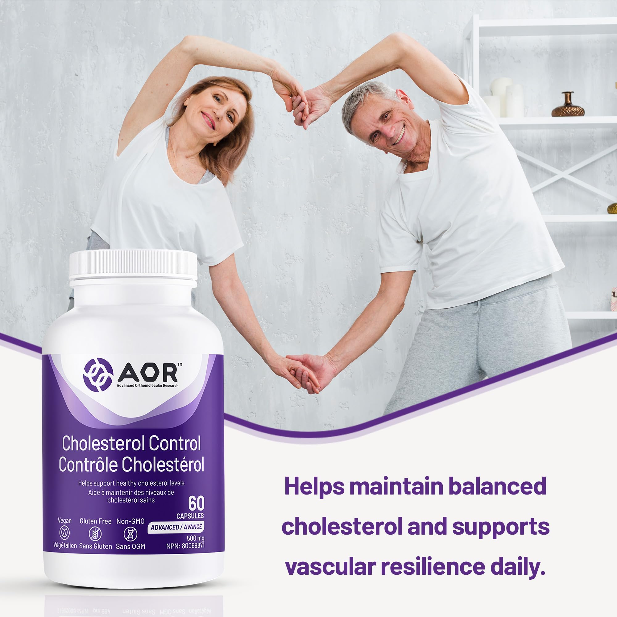 AOR Contrôle du cholestérol 500mg, 60 gélules, approvisionnement de 30 jours - Supplément de bergamote d'agrumes pour des niveaux de cholestérol équilibrés, soutient un métabolisme lipidique sain - Formule sans OGM et végétalienne pour la santé cardiaque
