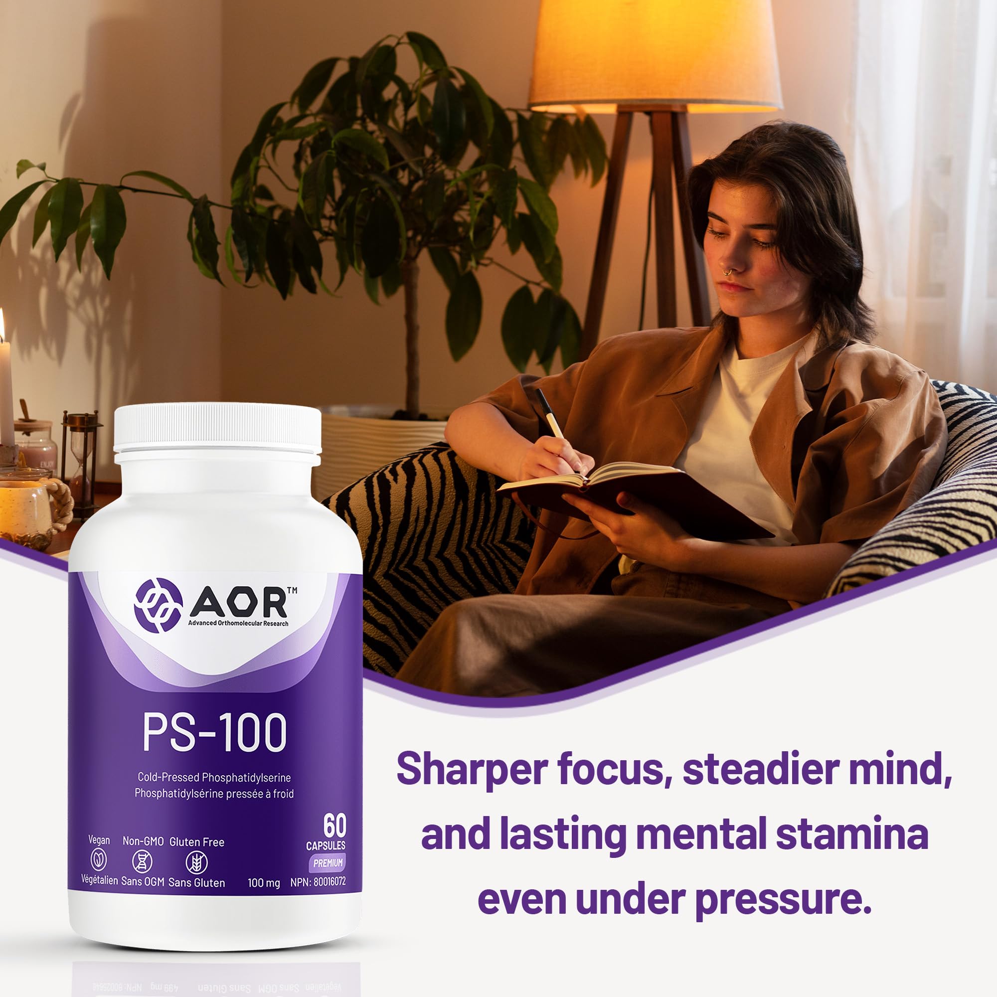 AOR - PS-100 Phosphatidylserine 100mg, 60 gélules - Supplément de phosphatidylsérine pour la santé de la mémoire, suppléments de concentration et supplément cognitif - Suppléments de soutien cérébral pour la mémoire et la concentration
