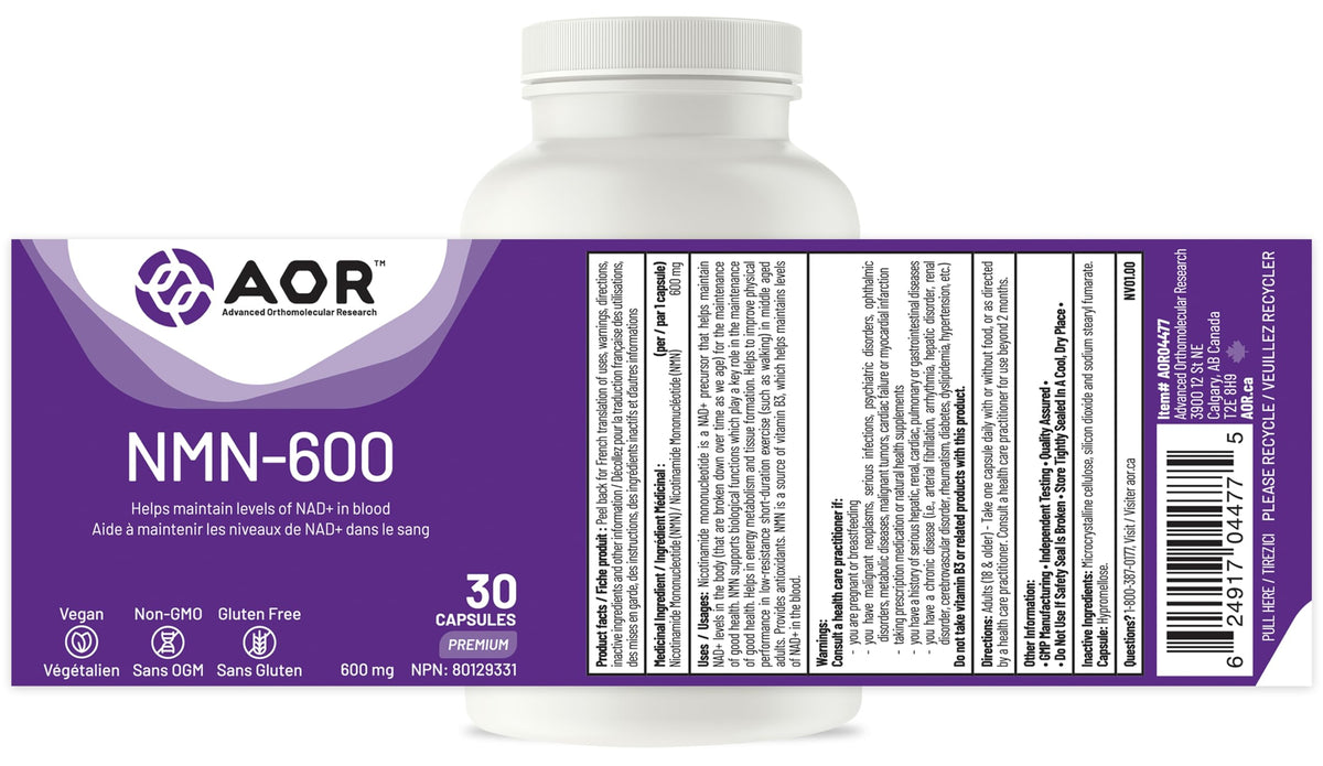 AOR NMN 600mg Capsules, Made in Canada, 30 Vegan Capsules, 30 Day Supply
