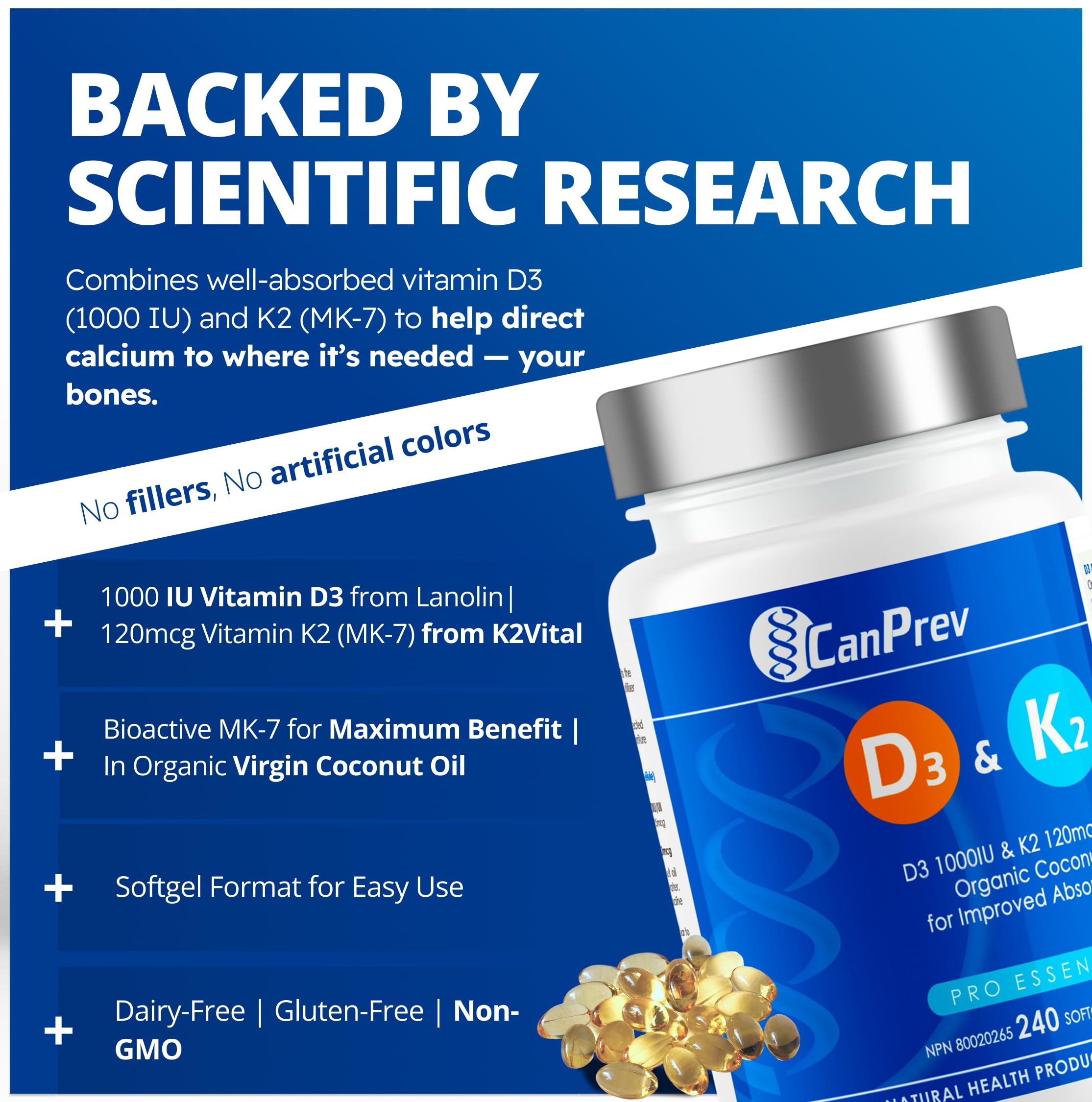 CanPrev D3 & K2 - Huile de coco biologique l Aide à la formation et au maintien de la santé osseuse l Avec vitamine D3 et K2