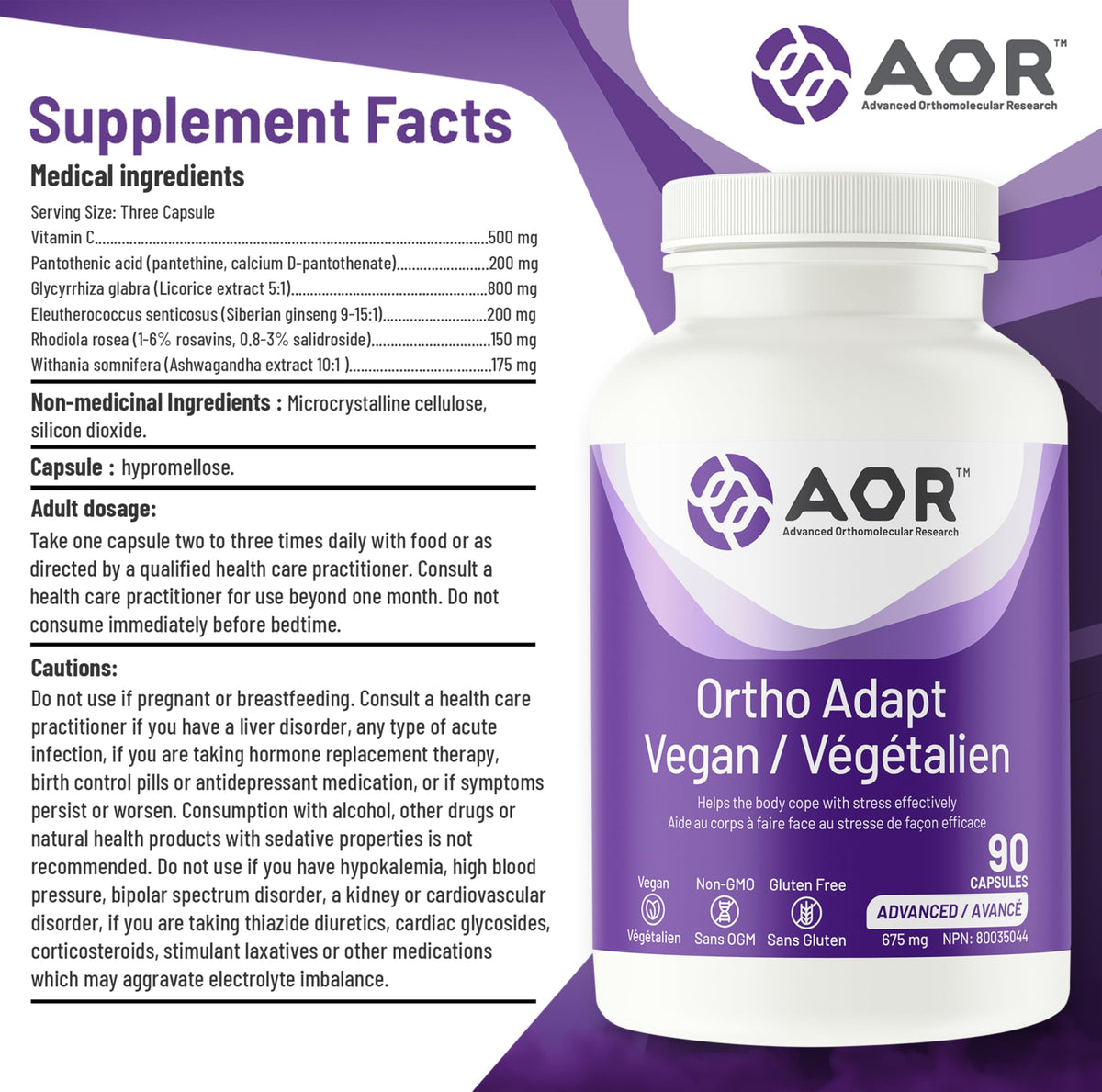 AOR Ortho Adapt Vegan, Ashwagandha, Vitamin C, Energy Support, 90 Capsules