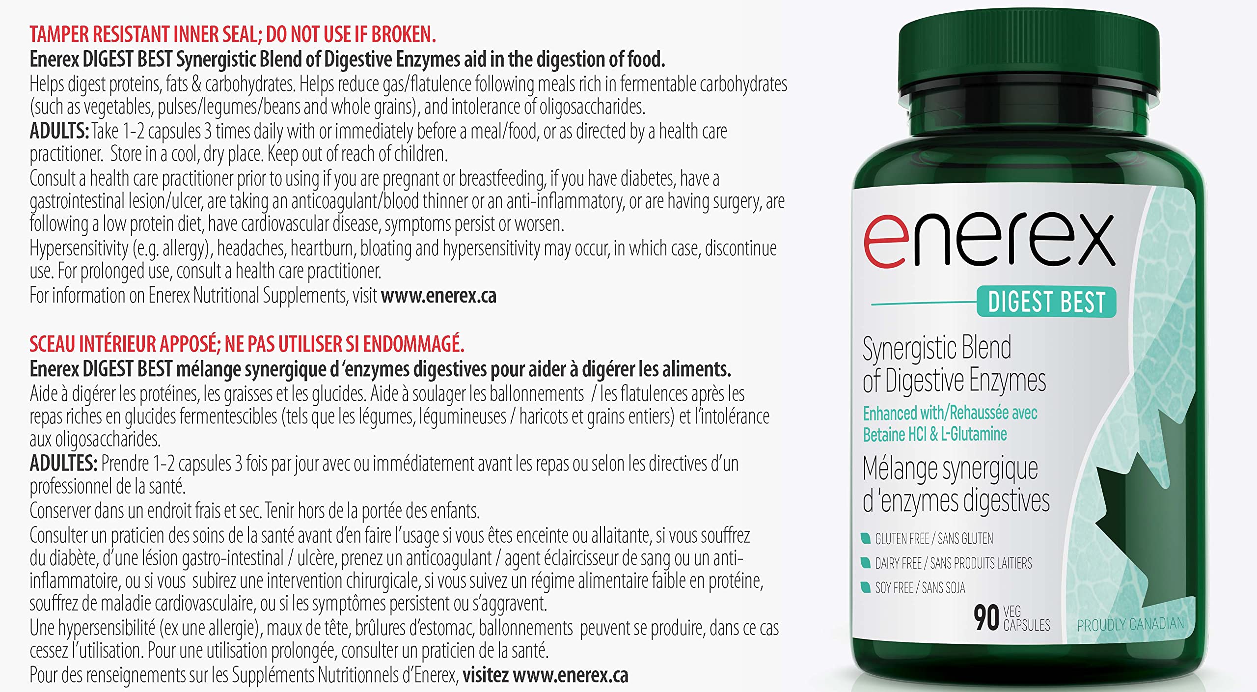 ENEREX - Digest Best 90 Veg Capsules 30-Day Supply - Synergistic Blend of Digestive Enzymes Enhanced with Betaine HCL and L-Glutamine - Reduce Indigestion, Gas, Bloating and Acid Reflux