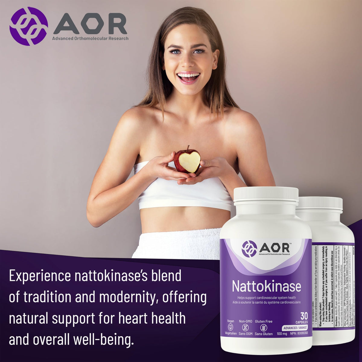 AOR Nattokinase Supplement, 100 mg 2,000-2,800 FU, Gluten Free, 60 Caps