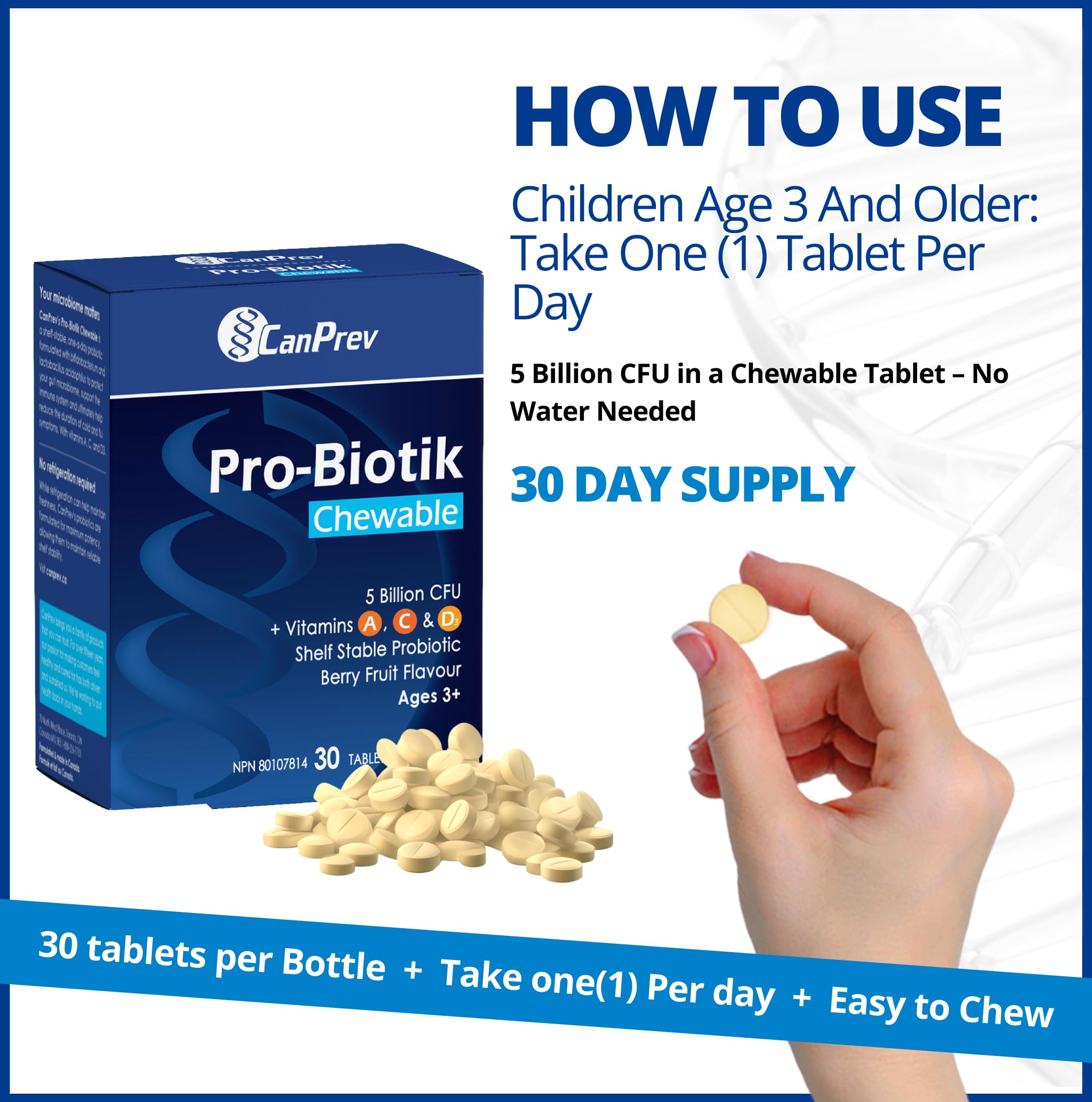 Canprev Pro-Biotik, 30 comprimés à croquer, approvisionnement de 30 jours, saveur de baies - Supplément probiotique pour enfants avec 5 milliards d'UFC et vitamines A, C et D3 - Idéal pour les enfants de 3 ans et plus, favorise des os et des dents solides