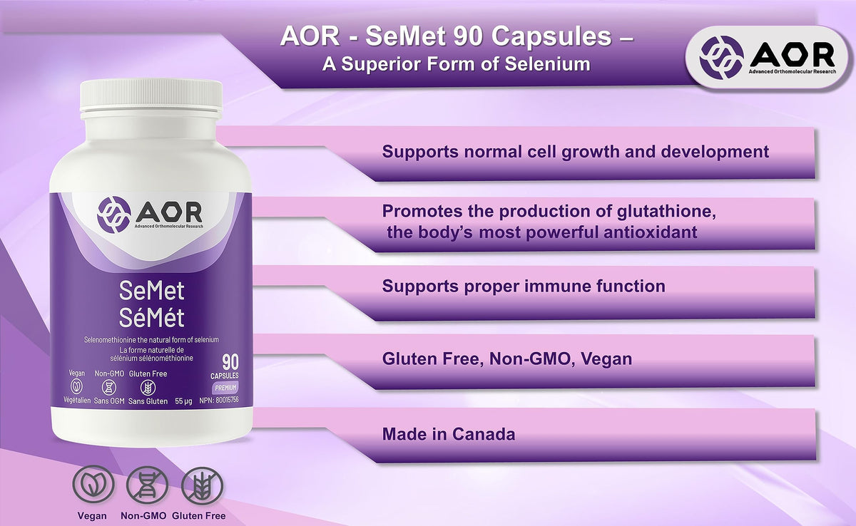 AOR Selenomethionine 55 mcg Selenium Supplement, Vegan Formula, 90 Capsules