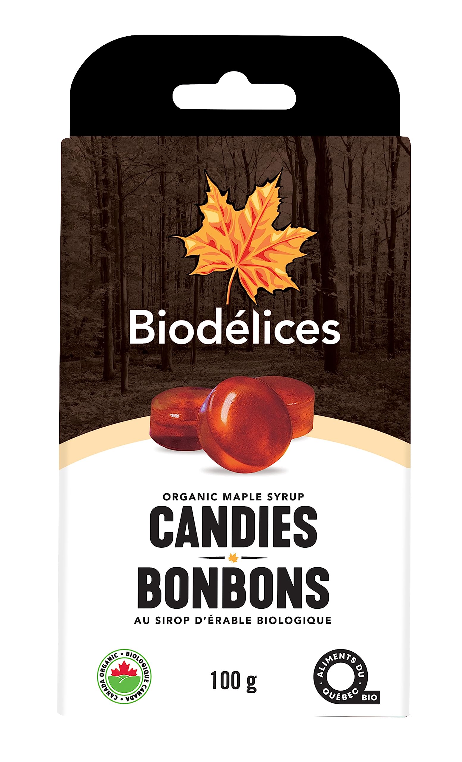 Biodélices - Bonbons au pur sirop d'érable biologique 100g - Riches en antioxydants et minéraux - Le pur délice de l'érable du Québec - Idéal pour le café, comme édulcorant pour le thé, la pâtisserie, comme friandise et pour les desserts