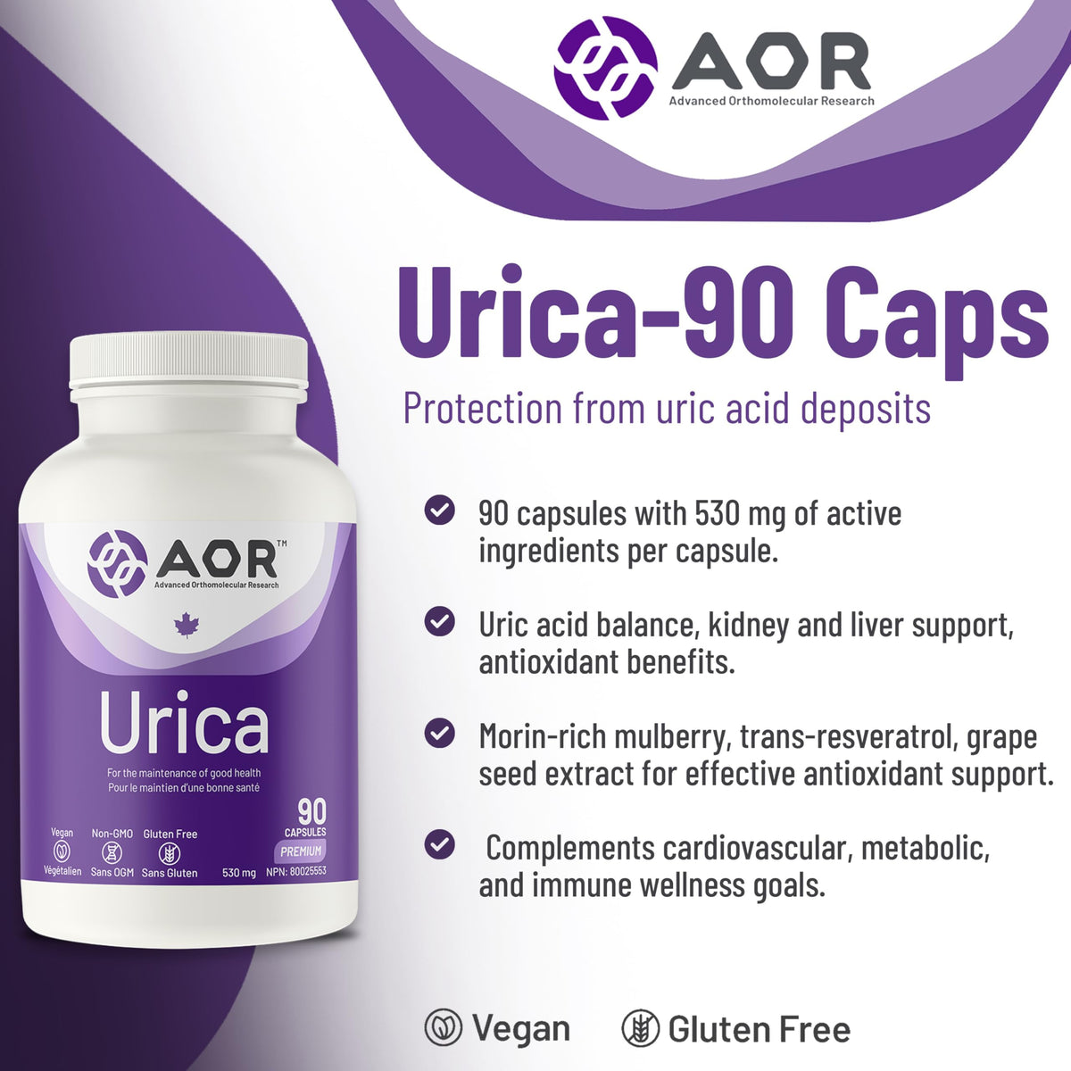 AOR Urica, Uric Acid, White Mulberry, Resveratrol, Gluten Free, 90 Capsules