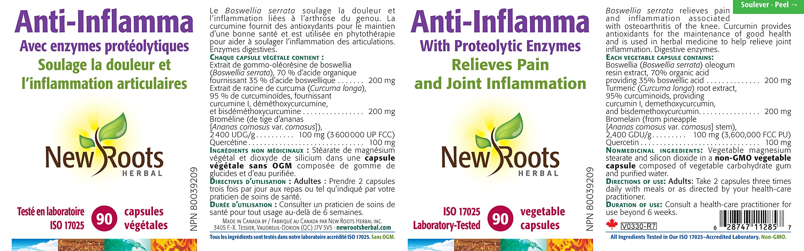 New Roots Herbal Anti-Inflamma Enzymes Protéolytiques, Supplément pour le soutien des articulations avec Curcumine de Curcuma et Bromélaïne, Favorise la flexibilité et le confort, 90 capsules végétales