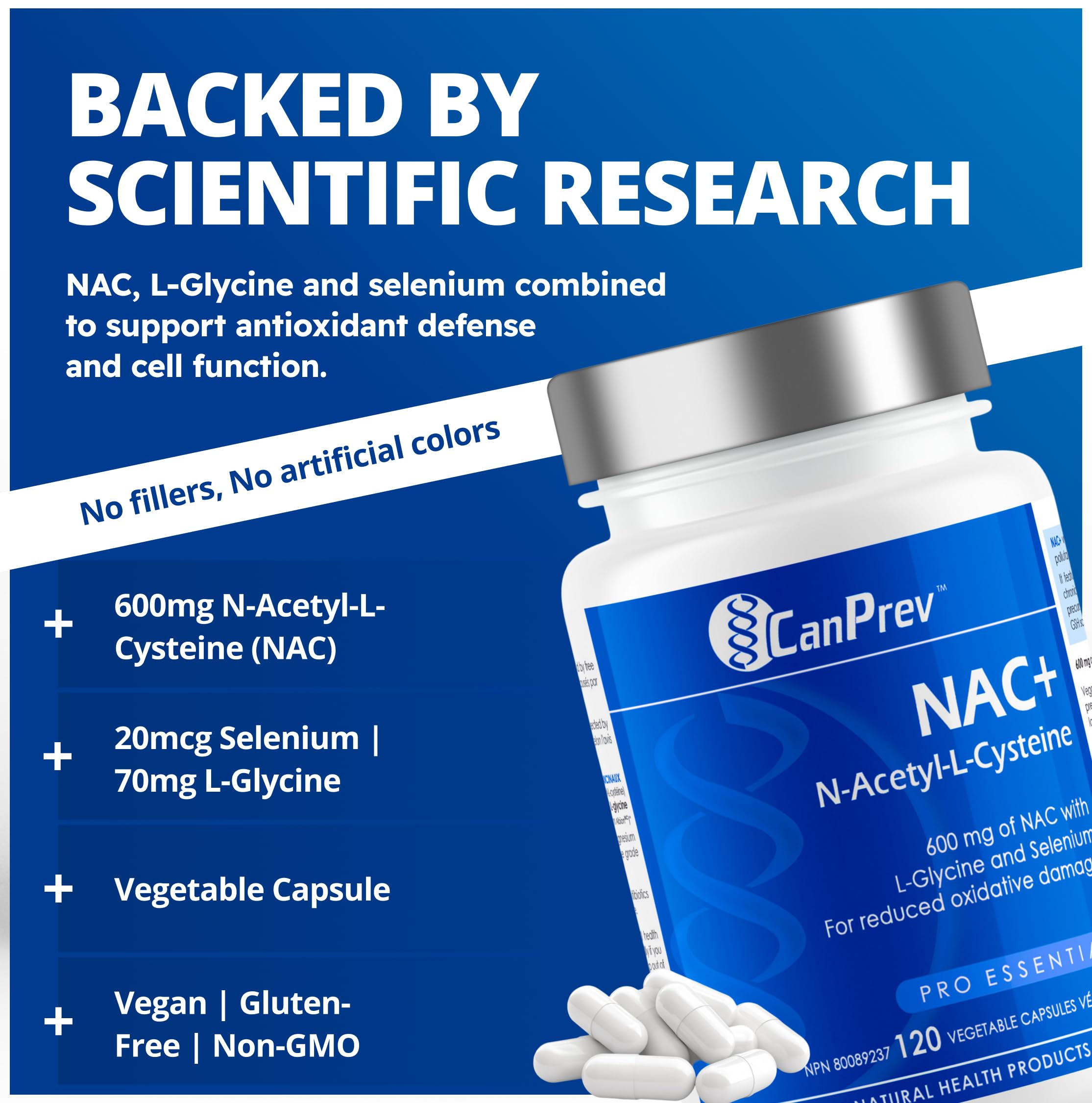 CanPrev NAC+ N-Acetyl-L-Cysteine Supplement, 120 Vegan Caps 120-Day Supply - 600mg NAC with L-Glycine & Selenium - Promote Healthy Glutathione Level, Immune Support, Liver Function & Oxidative Balance