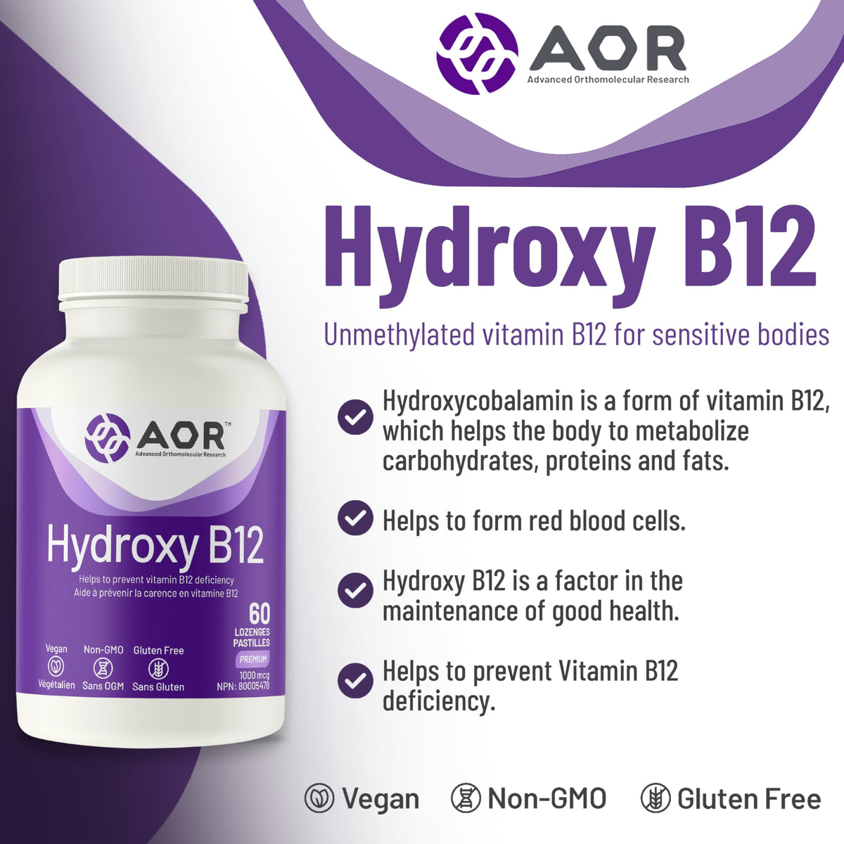 AOR Hydroxy B12 Lozenges, Hydroxocobalamin B12, 1000mcg, 60 Day Supply
