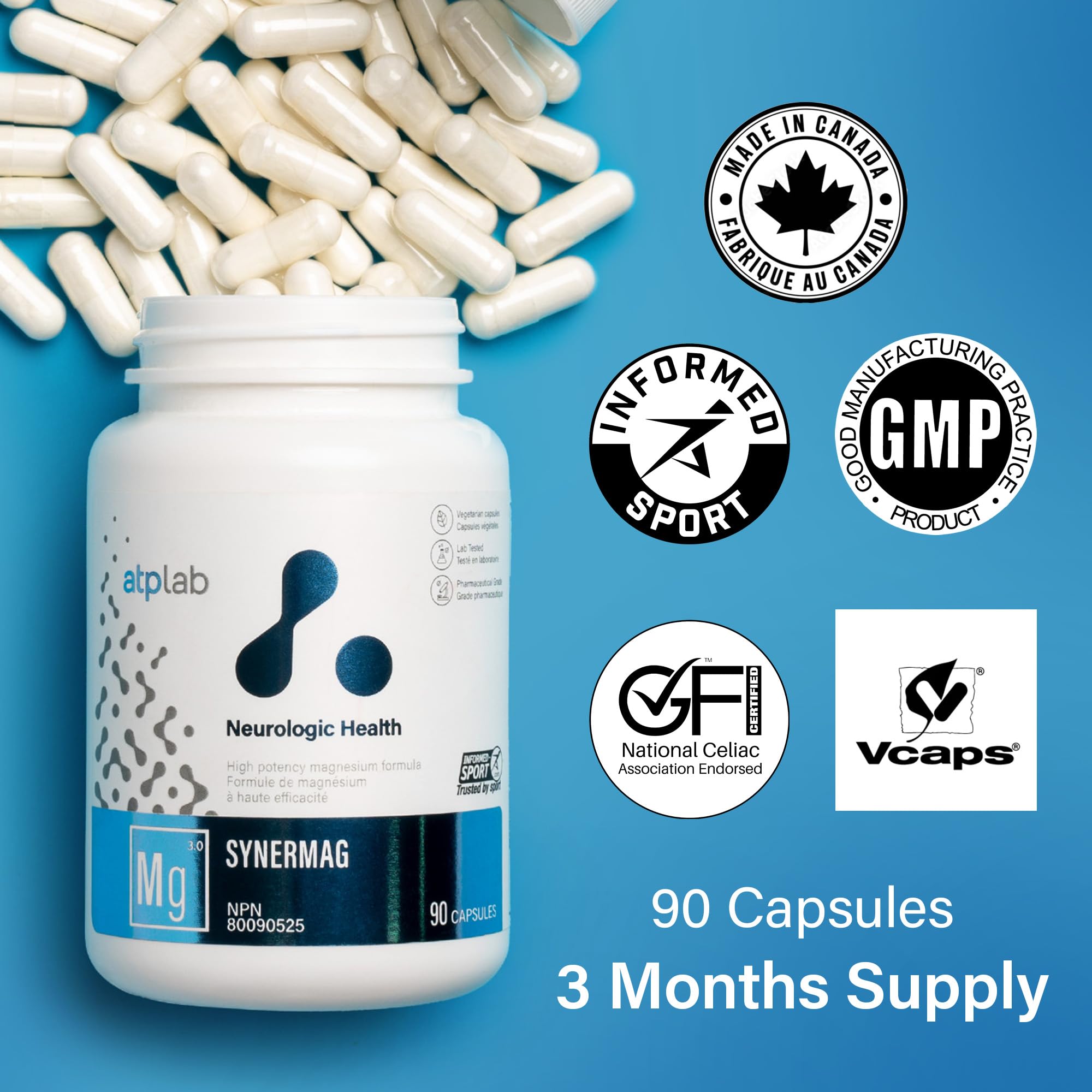 ATP LAB - Synermag 90 gélules - Cure de 90 jours - Bisglycinate et malate de magnésium, taurine et vitamine B6 hautement concentrés - Santé des os, des muscles et des dents