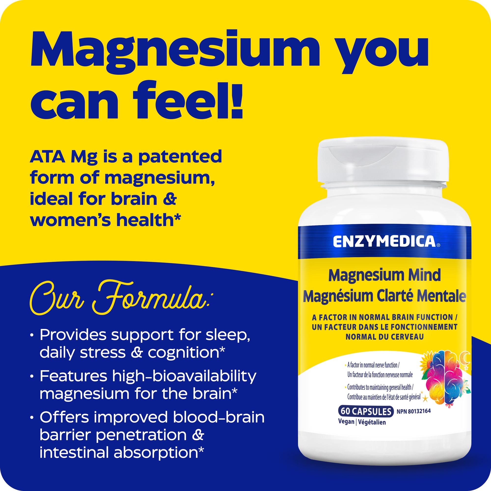 Enzymedica Magnesium Mind ATA Mg 60 Vegan Capsules, 30-Day Supply, Brain Support Supplement for Improved Sleep, Relaxation & Mental Clarity, Quick Absorption for Focus & Memory Boost, Dairy & Soy Free