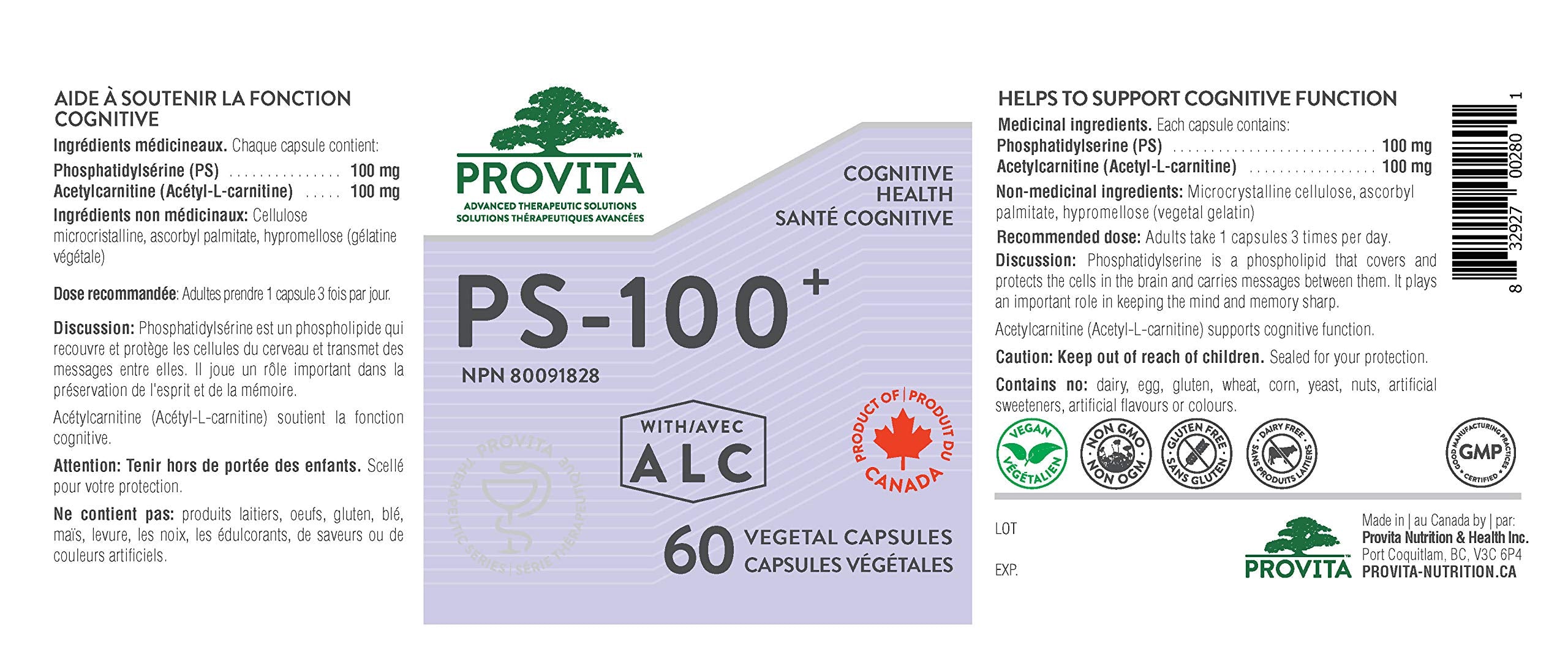 Provita PS-100+ ALC 60 Vegan Capsules, Cognitive Support Supplement, Enhances Memory & Focus with Phosphatidylserine 100mg & Acetyl-L-Carnitine 100mg, Non-GMO & Gluten-Free, Proudly Crafted in Canada