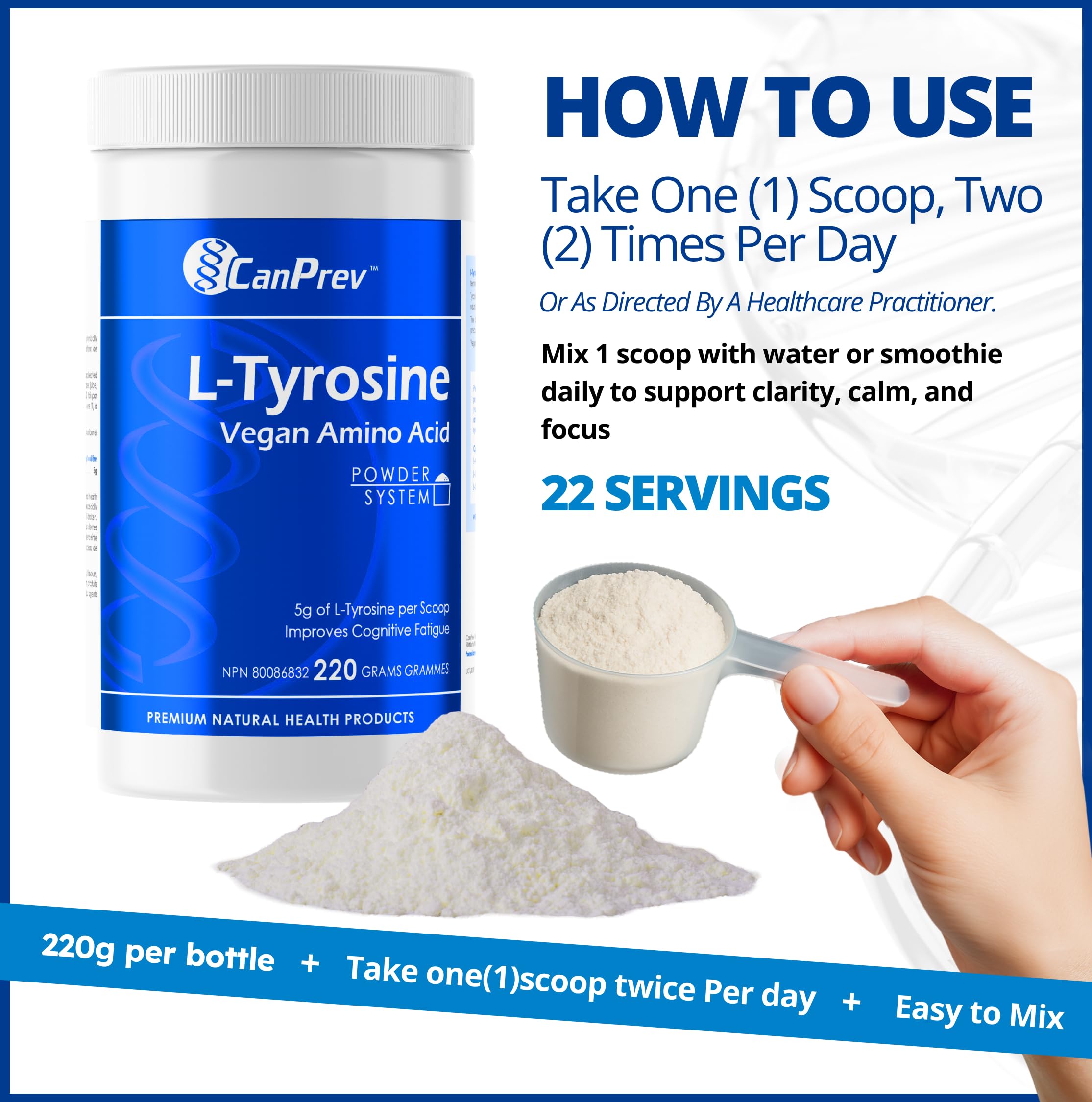 CanPrev L-Tyrosine Vegan Amino Acid Powder 220g - 5g Per Scoop for Focus, Clarity & Cognitive Support, Brain Function & Memory Support - Easy-to-Mix Formula, Ideal for Drinks and Smoothies