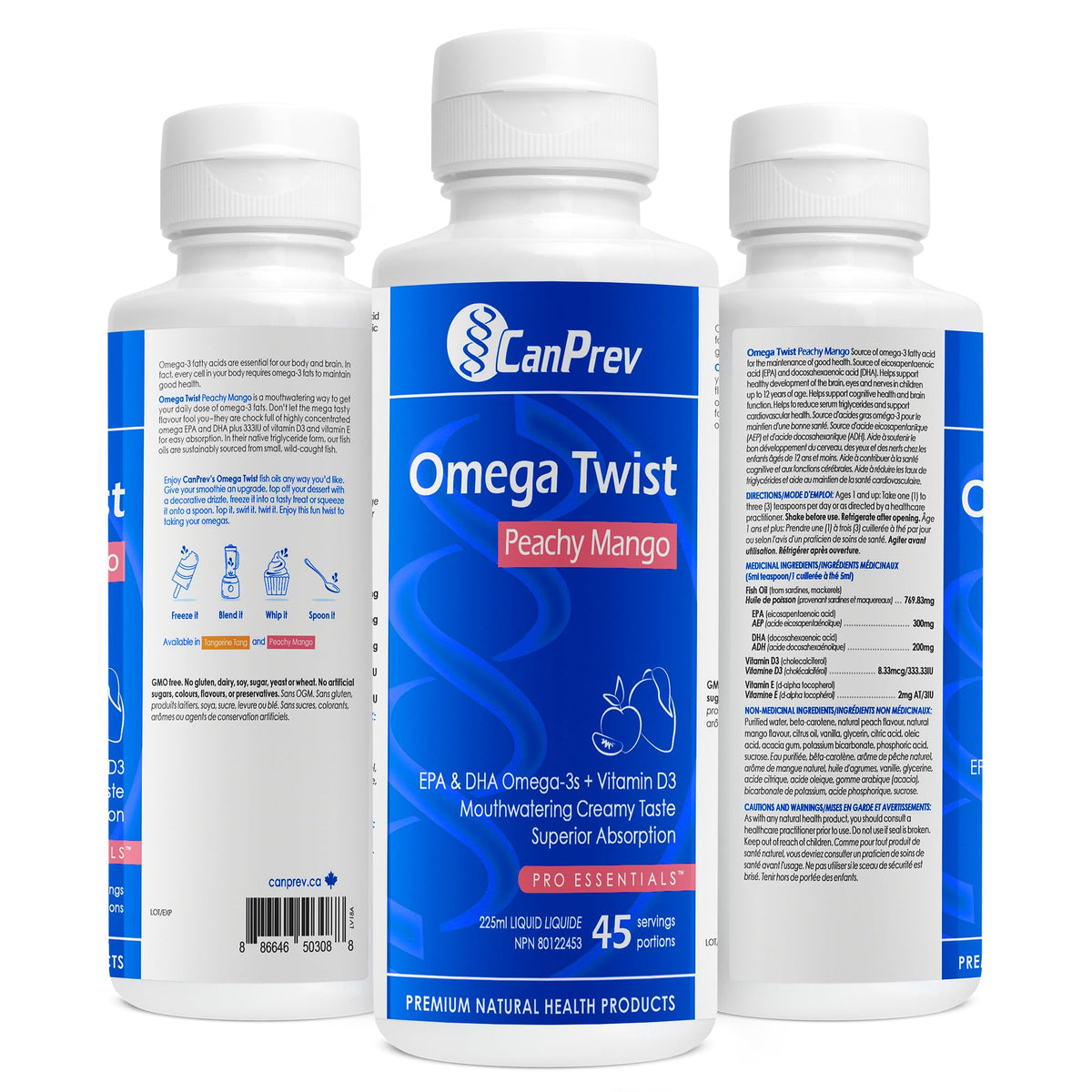 CanPrev Omega Twist Omega 3 Liquid Supplement, Vitamin D3, 45 Servings