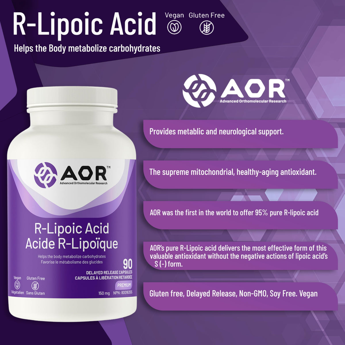 AOR Alpha Lipoic Acid, R Lipoic Acid Sodium Salt, 150mg, 90 Capsules