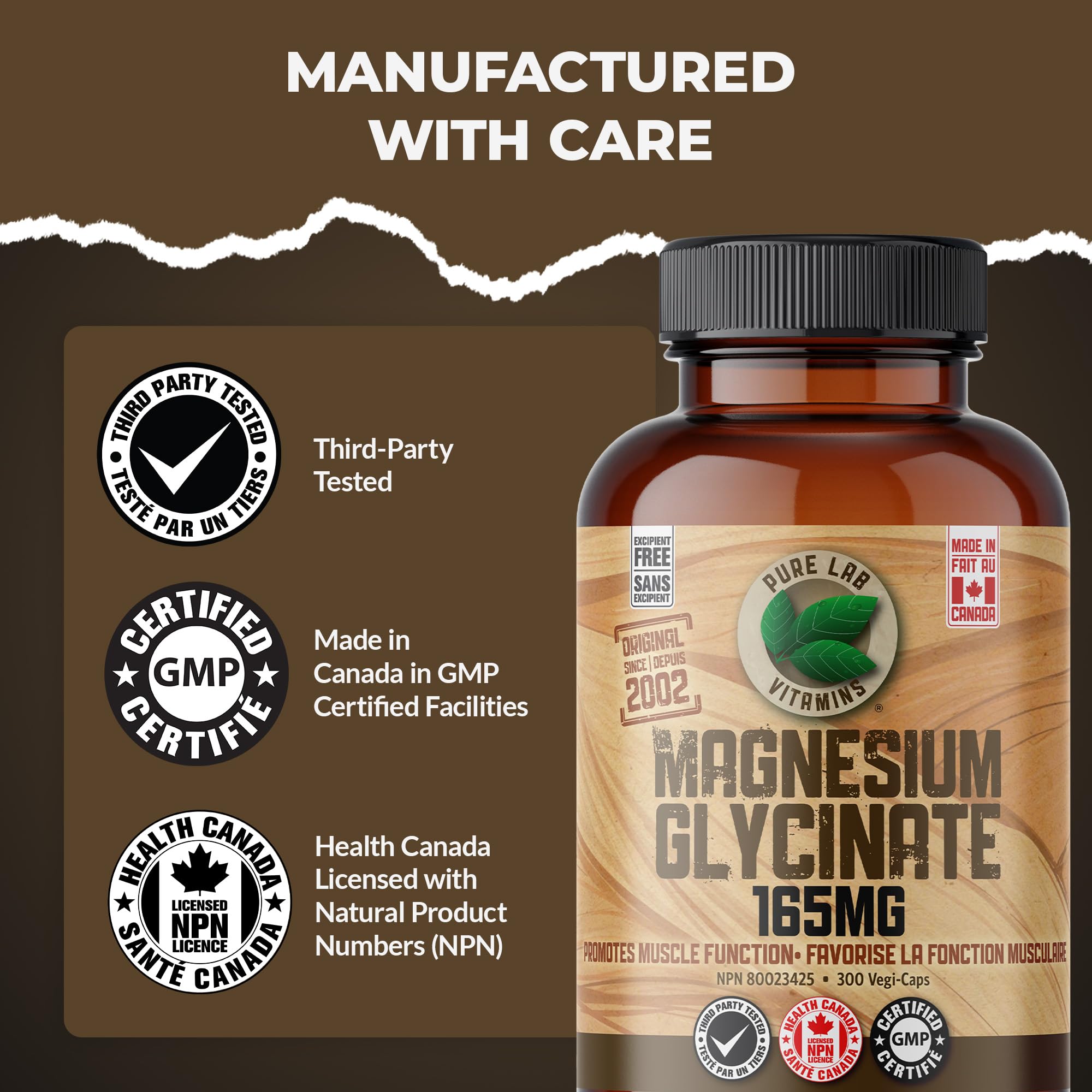 Pure Lab Vitamins | Magnesium Glycinate 165mg | Vegan, Gluten free, Sugar free, Soy free
