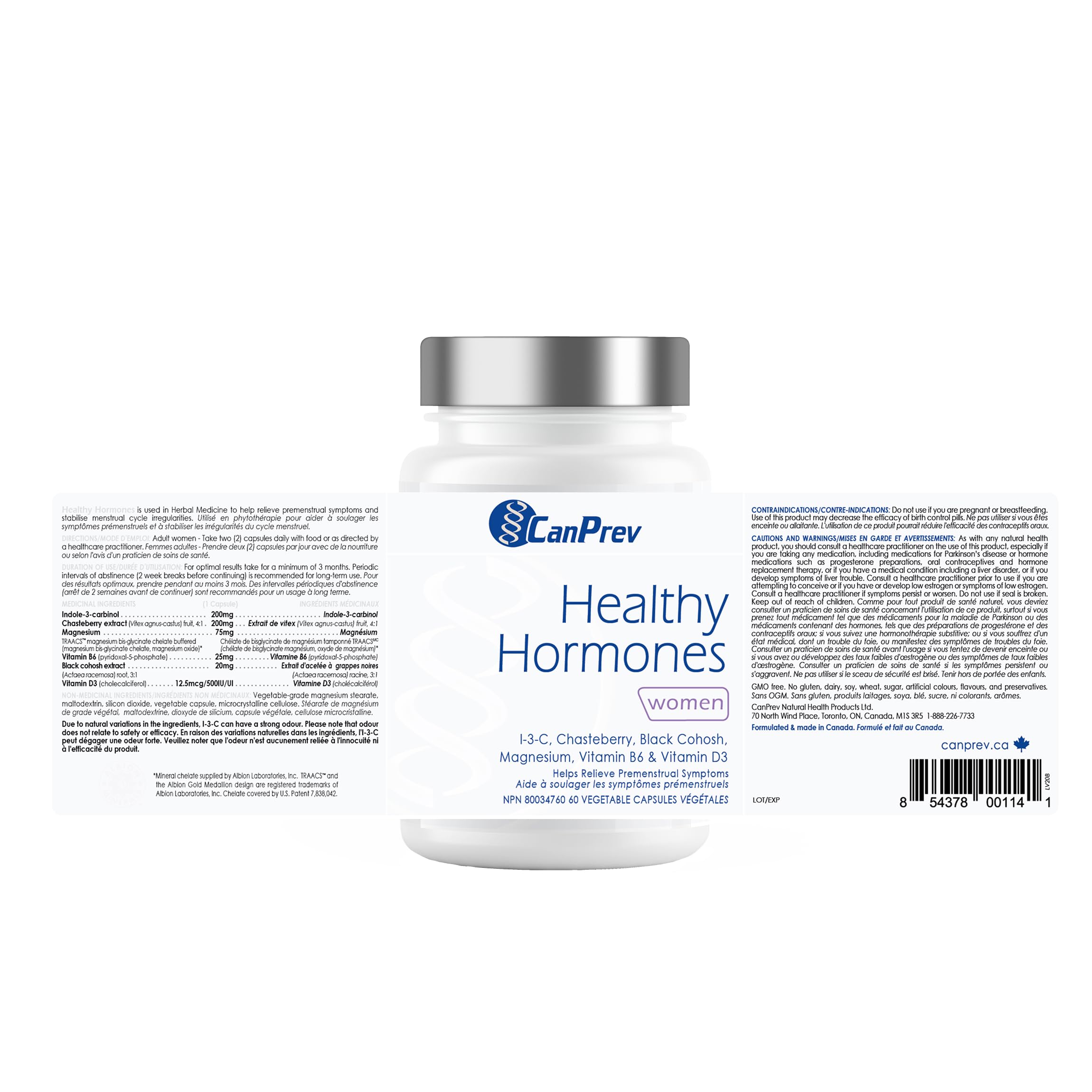 CanPrev Healthy Hormones 60 V-Caps (approvisionnement de 30 jours) - Contient de l'indole-3-carbinol, du gattilier, de l'actée à grappes noires, du magnésium, des vitamines B6 et D3 - Conçu pour soutenir le bien-être féminin et l'équilibre hormonal