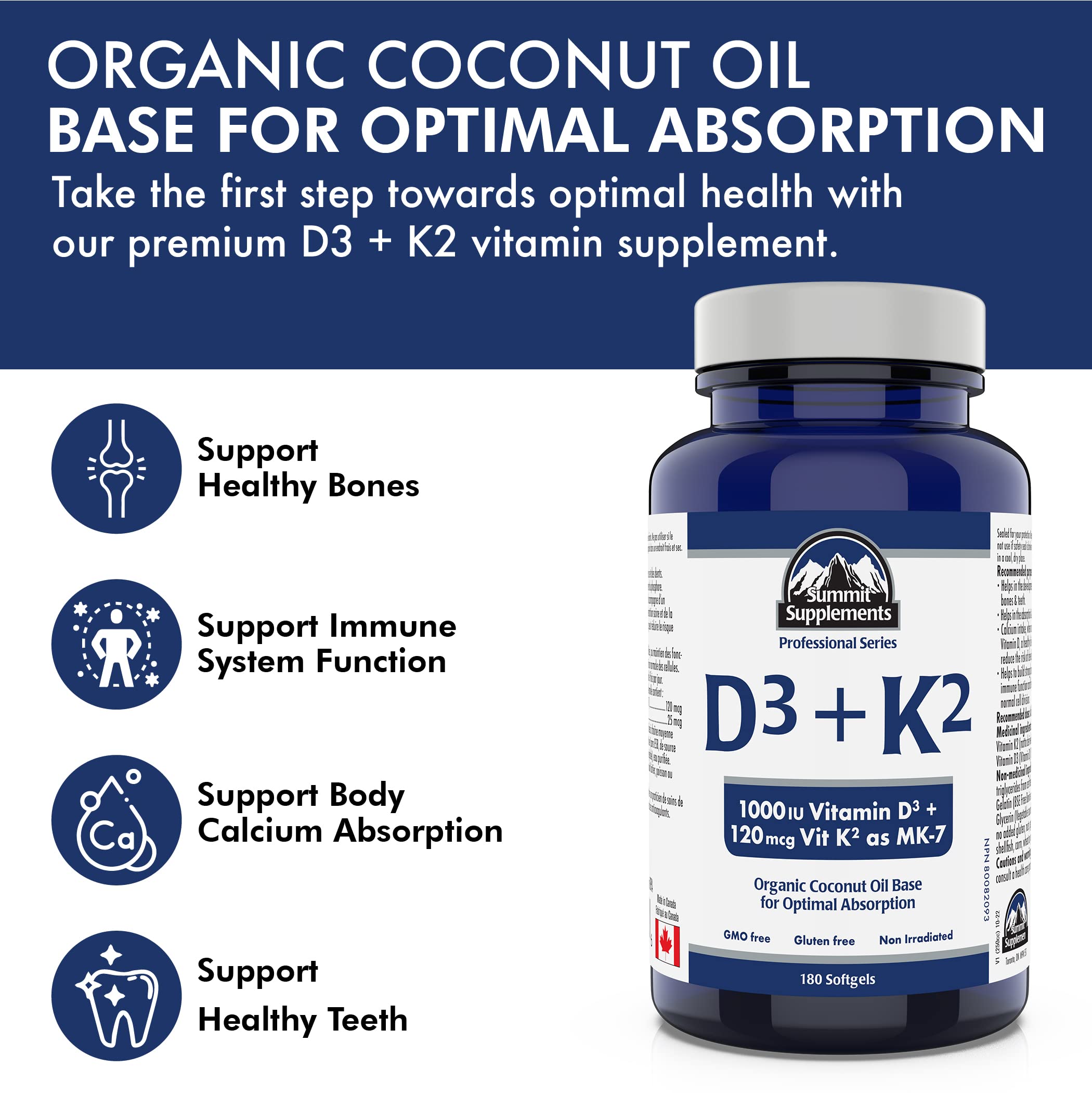 Vitamin D3 K2 180 Softgels, 6-Month Supply, 1000 IU D3 + 120mcg K2 MK-7, Organic Coconut Oil Base, Supports Bones, Teeth, Muscle & Immune System, GMO & Gluten-Free, Proudly Canadian, Plastic Negative