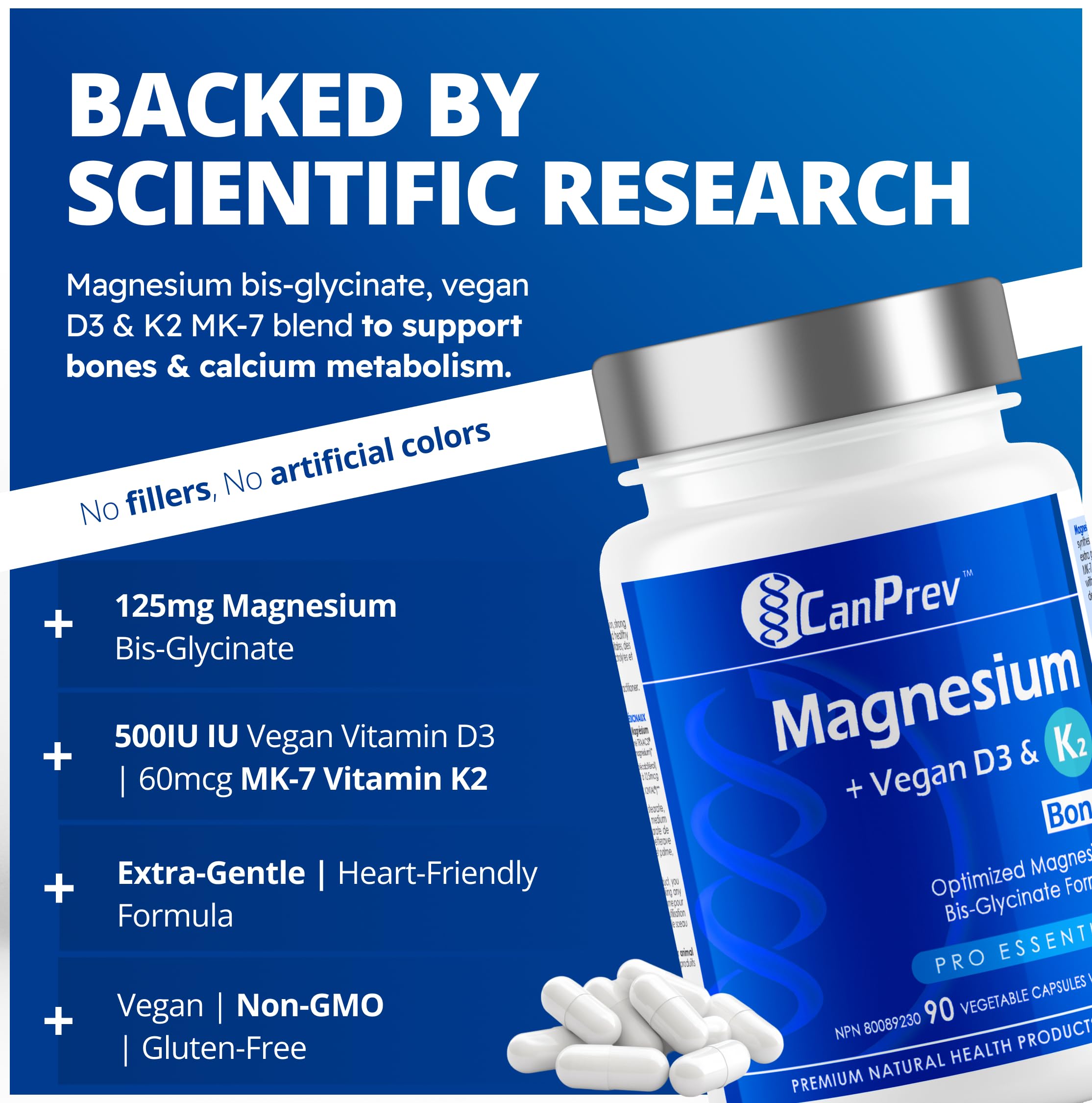 CanPrev - Magnesium + Vegan D3 & K2, 90 V-Caps 45-Day Supply - Helps in the Development and Maintenance of Bones & Teeth - Maintain Immune Function, Proper Muscle Function & Normal Electrolyte Balance