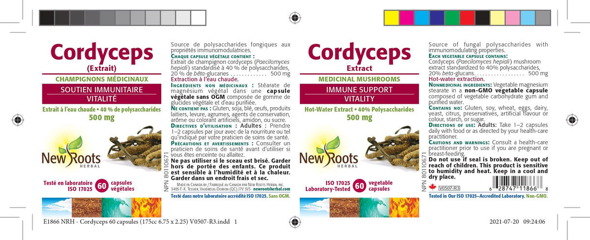 New Roots Herbal Cordyceps Mushroom 500mg, 60 Veg Capsules, 60-Day Supply - Hot Water Extract - 40% Polysaccharides with 20% Beta-Glucans, Supports Vitality & Wellness - Non-GMO, Made in Canada